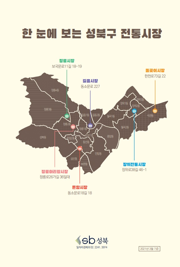 한 눈에 보는 성북구 전통시장
정릉시장 : 보국문로11길 18-19
길음시장 : 동소문로 227
돌곶이시장 : 한천로73길 22
장위전통시장 : 장위로38길 46-1
정릉아리랑시장 : 정릉로26가길 36일대
돈암시장 : 동소문로18길 18

2021년 3월 기준