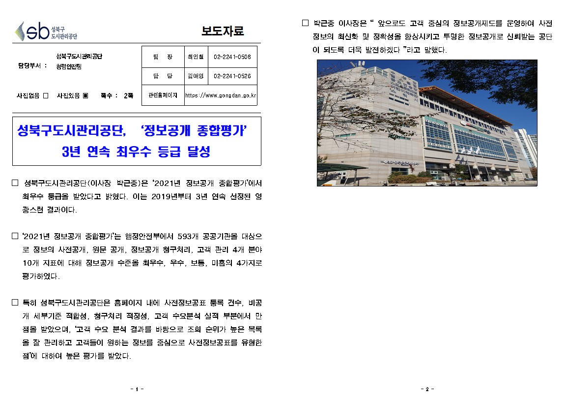 보도자료

담당부서 : 성북구도시관리공단 청렴안전팀
팀     장 : 최인철(02-2241-0508)
담     당 : 김애영(02-2241-0526)
관련홈페이지: https://www.gongdan.go.kr

사진있음 ▣ 쪽수 :  2쪽

성북구도시관리공단, ‘정보공개 종합평가’ 3년 연속 최우수 등급 달성

□ 성북구도시관리공단(이사장 박근종)은 ‘2021년 정보공개 종합평가’에서 최우수 등급을 받았다고 밝혔다. 이는 2019년부터 3년 연속 선정된 영광스런 결과이다.
□ ‘2021년 정보공개 종합평가’는 행정안전부에서 593개 공공기관을 대상으로 정보의 사전공개, 원문 공개, 정보공개 청구처리, 고객 관리 4개 분야 10개 지표에 대해 정보공개 수준을 최우수, 우수, 보통, 미흡의 4가지로 평가하였다.
□ 특히 성북구도시관리공단은 홈페이지 내에 사전정보공표 등록 건수, 비공개 세부기준 적합성, 청구처리 적정성, 고객 수요분석 실적 부분에서 만점을 받았으며, ‘고객 수요 분석 결과를 바탕으로 조회 순위가 높은 목록을 잘 관리하고 고객들이 원하는 정보를 중심으로 사전정보공표를 유형한 점’에 대하여 높은 평가를 받았다.
□ 박근종 이사장은 “ 앞으로도 고객 중심의 정보공개제도를 운영하여 사전정보의 최신화 및 정확성을 향상시키고 투명한 정보공개로 신뢰받는 공단이 되도록 더욱 발전하겠다 ”라고 말했다. 