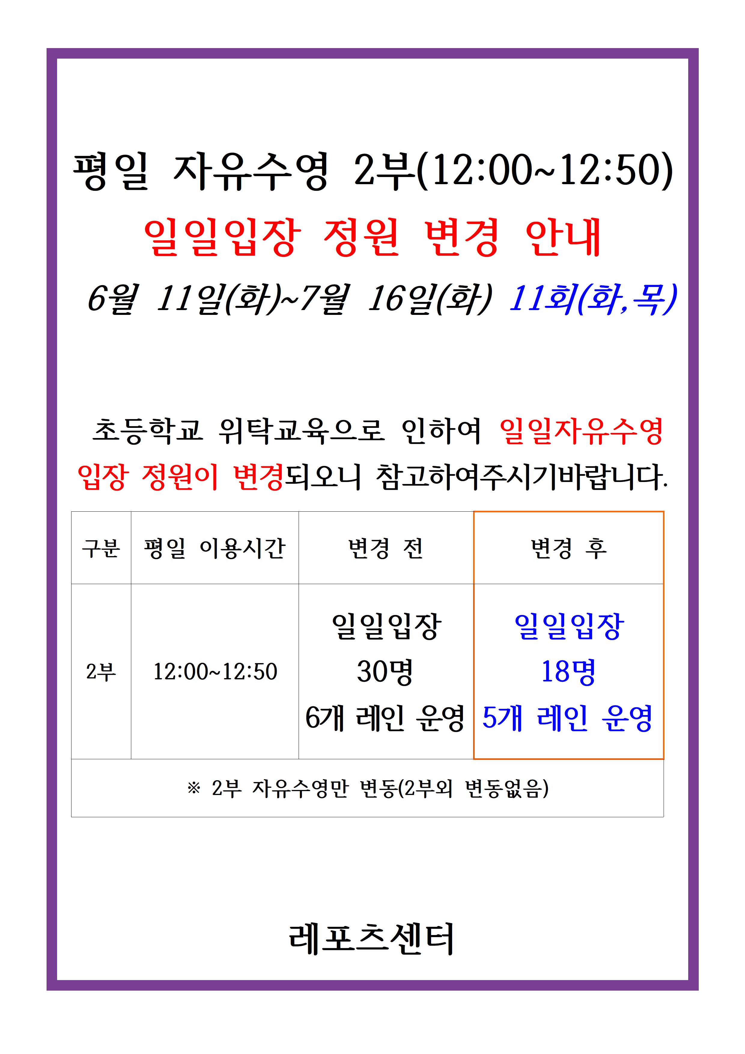 평일 자유수영 일일입장 정원 변경 안내 데이터