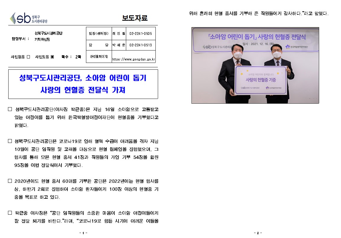 성북구 도시관리공단
보도자료
담당부서 : 성북구도시관리공단 기획혁신팀
사진있음
쪽수 2쪽
팀장(센터장) 최인철 02-2241-0505
담당 박세준 02-2241-0533
관련홈페이지 https://www.gongdan.go.kr

성북구도시관리공단, 소아암 어린이 돕기
사랑의 헌혈증 전달식 가져
□ 성북구도시관리공단(이사장 박근종)은 지난 16일 소아암으로 고통받고 있는 어린이를 돕기 위해 한국백혈병어린이재단에 헌혈증을 기부했다고 밝혔다.
□ 성북구도시관리공단은 코로나19로 인해 혈액 수급에 어려움을 겪자 지난
10월에 공단 임직원 및 고객을 대상으로 헌혈 캠페인을 진햄했으며, 그 행사를 통해 모은 헌혈 증서 41장과 직원들의 개인 기부 54장을 합친 95장을 이번 전달식에서 기부했다.
□ 2020년에도 헌혈 증서 60매를 기부한 공단은 2022년에는 헌혈 행사를
상, 하반기 2회로 진행하여 소아암 환자들에게 100장 이상의 헌혈증 기 증을 목표로 하고 있다.
□ 박근종 이사장은 '공단 임직원들의 소중한 마음이 소아암 어린이들에게 잘 전달 되기를 바란다.'라며, '코로나19로 힘든 시기에 어려운 이들을 위해 흔쾌히 헌혈 증서를 기부해 준 직원들에게 감사하다. '라고 말했다.
사랑의헌혈증 기증사진
