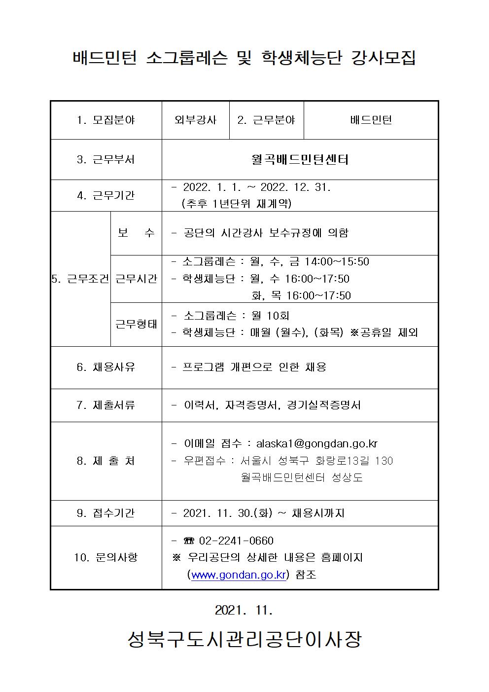 배드민턴 소그룹레슨 및 학생체능단 강사모집
1. 모집분야
외부강사
2. 근무분야
배드민턴
3. 근무부서
월곡배드민턴센터
4. 근무기간
- 2022. 1. 1. ~ 2022. 12. 31. (추후 1년단위 재계약)
5. 근무조건
보 수 - 공단의 시간강사 보수규정에 의함
근무시간 - 소그룹레슨 : 월, 수, 금 14:00~15:50 - 학생체능단 : 월, 수 16:00~17:50
화, 목 16:00~17:50
근무형태- 소그룹레슨 : 월 10회 - 학생체능단 : 매월 (월수), (화목) ※공휴일 제외
6. 채용사유
- 프로그램 개편으로 인한 채용
7. 제출서류
- 이력서, 자격증명서, 경기실적증명서
8. 제출처
이메일 접수 : alaskal @gongdan.go.kr 
우편접수 : 서울시 성북구 화랑로13길 130 월곡배드민턴센터 성상도
19. 접수기간
- 2021. 11. 30.(화) ~ 채용시까지
10. 문의사항
- 02-2241-0660 | ※ 우리공단의 상세한 내용은 홈페이지
(www.gondan.go.kr) 참조
2021. 11. 성북구도시관리공단이사장
