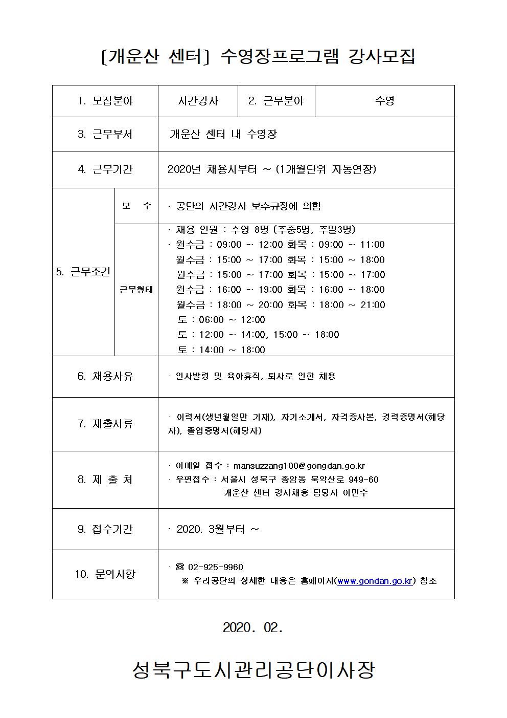 [개운산 센터]수영장프로그램 강사모집
1.모집분야 시간강사
2.근무분야 수영
3.근무부서 개운산 센터 내 수영장
4.근무기간 2020년 채용시부터~(1개월단위 자동연장)
5.근무조건 보수:공단의시간강사 보수규정에 의함 근무형태:채용인원:수영8명(주중5명,주말3명) 
월수금:09:00~12:00 화목09:00~11:00 /월수금:15:00~17:00 화목15:00~18:00/월수금:15:00~17:00 화목15:00~17:00 / 월수금:16:00~19:00 화목:16:00~18:00 / 월수금:18:00~20:00 화목:18:00~21:00 / 토: 06:00~12:00 / 토:12:00~14:00,15:00~18:00/토:14:00~18:00
6.채용사유 인사발령 및 육아휴직, 퇴사로 인한 채용
7.제출서류 이력서(생년월일만기재),자기소개서,자격증사본,경력증명서(해당자),졸업증명서(해당자)
8.제출처 이메일접수:mansuzzang100@gongdan.go.kr 우편접수:서울시 성북구 종암동 북악산로 949-60 개운산센터 강사채용 담당자 이민수
9.접수기간 2020.3월부터~
10.문의사항 02-925-9960 우리공단의 상세한 내용은 홈페이지(www.gongdan.go.kr)참조
2020.02
성북구도시관리공단이사장