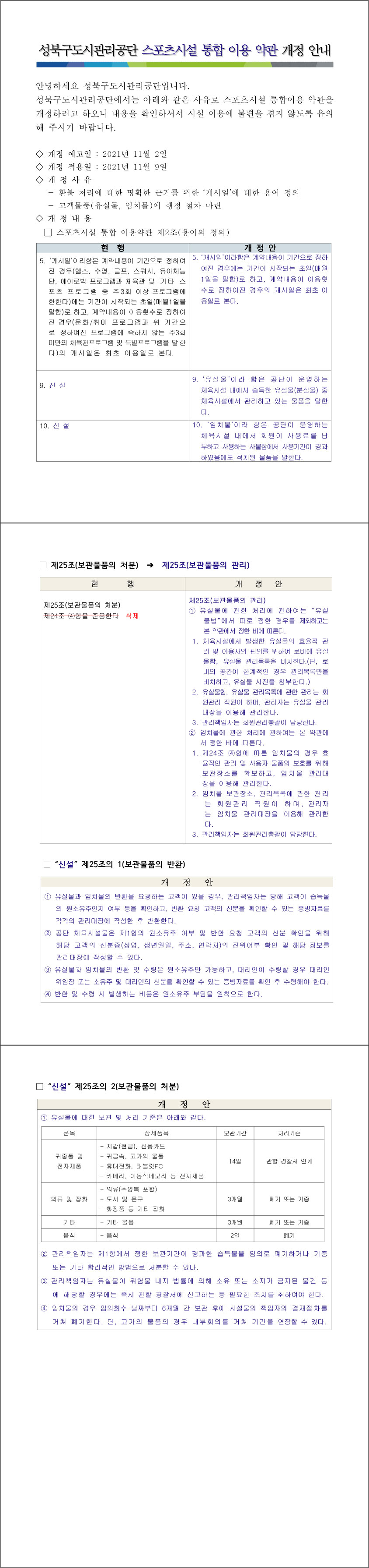 
성북구도시관리공단 스포츠시설 통합 이용 약관 개정 안내
안녕하세요 성북구도시관리공단입니다. 성북구도시관리공단에서는 아래와 같은 사유로 스포츠시설 통합이용 약관을 개정하려고 하오니 내용을 확인하셔서 시설 이용에 불편을 겪지 않도록 유의 해 주시기 바랍니다.
◇ 개정 예고일 : 2021년 11월 2일 
◇ 개정 적용일 : 2021년 11월 9일 
◇ 개정 사유
- 환불 처리에 대한 명확한 근거를 위한 ‘개시일에 대한 용어 정의 
- 고객 물품(유실물, 임치물)에 행정 절차 마련
◇ 개정내용
□ 스포츠시설 통합 이용약관 제2조(용어의 정의)
현 행:5. '개시일' 이라함은 계약내용이 기간으로 정하여 진 경우(헬스, 수영, 골프, 스쿼시, 유아체능
단, 에어로빅 프로그램과 체육관 및 기타 스포츠 프로그램 중 주3회 이상 프로그램에 한한다) 에는 기간이 시작되는 초일(매월1일을 말함)로 하고, 계약내용이 이용횟수로 정하여진 경우(문화/취미 프로그램과 위 기간으로 정하여진 프로그램에 속하지 않는 주3회 미만의 체육관프로그램 및 특별프로그램을 말한다)의 개시일은 최초 이용일로 본다.
개정안:5. '개시일'이라함은 계약내용이 기간으로 정하여진 경우에는 기간이 시작되는 초일(매월1일을 말함)로 하고, 계약내용이 이용횟수로 정하여진 경우의 개시일은 최초 이용일로본다.
현행:9. 신설
개정안:9. ‘유실 물'이라 함은 공단이 운영하는
체육시설 내에서 습득한 유실물(분실물) 중 체육시설에서 관리하고 있는 물품을 말한
다. 
현행:10.신설
개정안:10. '임 치 물'이라 함은 공단이 운영하는 체육시설 내에서 회원이 사용료를 납 부하고 사용하는 사물함에서 사용기간이 경과 하였음에도 적치된 물품을 말한다.

□ 제25조(보관물품의 처분) → 제25조(보관물품의 관리)
현행:제25조(보관물품의 처분) 제24조 4항을 준용한다(삭제)
개정안:제25조(보관물품의 관리)
1항 유실물에 관한 처리에 관하여는 '유실물법'에서 따로 정한 경우를 제외하고는 본 약관에서 정한 바에 따른다. 1.체육시설에서 발생한 유실물의 효율적 관 리 및 이용자의 편의를 위하여 로비에 유실 물함, 유실물 관리목록을 비치한다.(단, 로 비의 공간이 한계적인 경우 관리목록만을
비치하고, 유실물 사진을 첨부한다.) 2. 유실물함, 유실물 관리목록에 관한 관리는 회원관리 직원이 하며, 관리자는 유실물 관리대장을 이용해 관리한다. 3. 관리책임자는 회원관리총괄이 담당한다. 
2항 임치물에 관한 처리에 관하여는 본 약관에서 정한 바에 따른다. 1. 제24조 4항에 따른 임치물의 경우 효율적인 관리 및 사용자 물품의 보호를 위해 보관장소를 확보하고, 임치물 관리대장을 이용해 관리한다. 2. 임치물 보관장소, 관리 목록에 관한 관리는 회원관리 직원이 하며, 관리자 는 임치물 관리대장을 이용해 관리한다.3. 관리책임자는 회원관리총괄이 담당한다.

□ '신설' 제25조의 1(보관물품의 반환)
개 정 안 1항 유실물과 임치물의 반환을 요청하는 고객이 있을 경우, 관리책임자는 당해 고객이 습득물
의 원소유주인지 여부 등을 확인하고, 반환 요청 고객의 신분을 확인할 수 있는 증빙자료를
각각의 관리대장에 작성한 후 반환한다. 2항 공단 체육시설물은 제1항의 원소유주 여부 및 반환 요청 고객의 신분 확인을 위해 해당 고객의 신분증(성명, 생년월일, 주소, 연락처)의 진위여부 확인 및 해당 정보를 관리대장에 작성할 수 있다. 3항 유실물과 임치물의 반환 및 수령은 원소유주만 가능하고, 대리인이 수령할 경우 대리인 위임장 또는 소유주 및 대리인의 신분을 확인할 수 있는 증빙자료를 확인 후 수령해야 한다. 4항 반환 및 수령 시 발생하는 비용은 원소유주 부담을 원칙으로 한다.
□ '신설' 제25조의 2(보관물품의 처분)
개 정 안 1항 유실물에 대한 보관 및 처리 기준은 아래와 같다.
품목 | 상세품목 | 보관기간 | 처리기준
귀중품 및 전자제품 | 지갑 (현금), 신용카드 - 귀금속, 고가의 물품 - 휴대전화, 태블릿 PC - 카메라, 이동식메모리 등 전자제품 | 14일 | 관할 경찰서 인계
의류 및 잡화 | -의류 (수영복 포함) - 도서 및 문구 - 화장품 등 기타 잡화 | 3개월 | 폐기 또는 기증
기타 |  - 기타 물품 | 3개월 | 폐기 또는 기증
음식 | -음식 | 2일 | 폐기
2항 관리책임자는 제1항에서 정한 보관기간이 경과한 습득물을 임의로 폐기하거나 기증 또는 기타 합리적인 방법으로 처분할 수 있다.
3항 관리책임자는 유실물이 위험물 내지 법률에 의해 소유 또는 소지가 금지된 물건 등에 해당할 경우에는 즉시 관할 경찰서에 신고하는 등 필요한 조치를 취하여야 한다. 
4항 임치물의 경우 임의회수 날짜부터 6개월 간 보관 후에 시설물의 책임자의 결재절차를 거쳐 폐기한다. 단, 고가의 물품의 경우 내부회의를 거쳐 기간을 연장할 수 있다.
