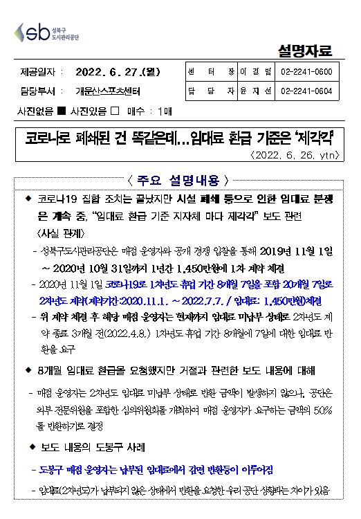 
성북구'도시관리공단 설명자료

제공일자: 2022. 6. 27.(월) 
담당부서: 개운산스포츠센터
센 터 장:이결범 02-2241-0600
담당자:윤재선 02-2241-0604
사진없음■

코로나로 폐쇄된 건 똑같은데...임대료 환급 기준은 '제각각'
〈2022, 6, 26, ytn〉

<주요 설명내용>
코로나19 집합 조치는 끝났지만 시설 폐쇄 등으로 인한 임대료 분쟁 은 계속 중, '임대료 환급 기준 지자체 마다 제각각' 보도 관련
<사실 관계>
-성북구도시관리공단은 매점 운 영자와 공개 경쟁 입찰을 통해 2019년 11월 1일~2020년 10월 31일까지 1년간 1,450만원에 1차 계약 체결
- 2020년 11월 1일 코로나19로 1차년도 휴업 기간 8개월 7일을 포함 20개월 7일로 2차년도 계약(계약기간:2020.11.1.~2022.7.7./ 맘대로 1,450만원)체결
- 위 계약 체결 후 해당 매점 운 영자는 현재까지 맘대로 미납부 상태로 2차년도 계 약 종료 3개월 전(2022.4.8.) 1차년도 휴업 기간 8개월에 7일에 대한 임대로 반 환을 요구
8개월 임대료 환급을 요청했지만 거절과 관련한 보도 내용에 대해
매점 운  영자는 2차년도 임대로 미납부 상태로 반환 금액이 발생하지 않으나, 공단은 외부 전문위원을 포함한 심의위원회를 개최하여 매점 운 영자가 요구하는 금액의 50% 를 반환하기로 결정
보도 내용의 도봉구 사례
-도봉구 매점 운 영자는 납부된 임대로에서 감면 반환이 이루어짐
- 임대료(2차년도)가 납부되지 않은 상태에서 반환을 요청한 유리공단 상황과는 차이가 있음
