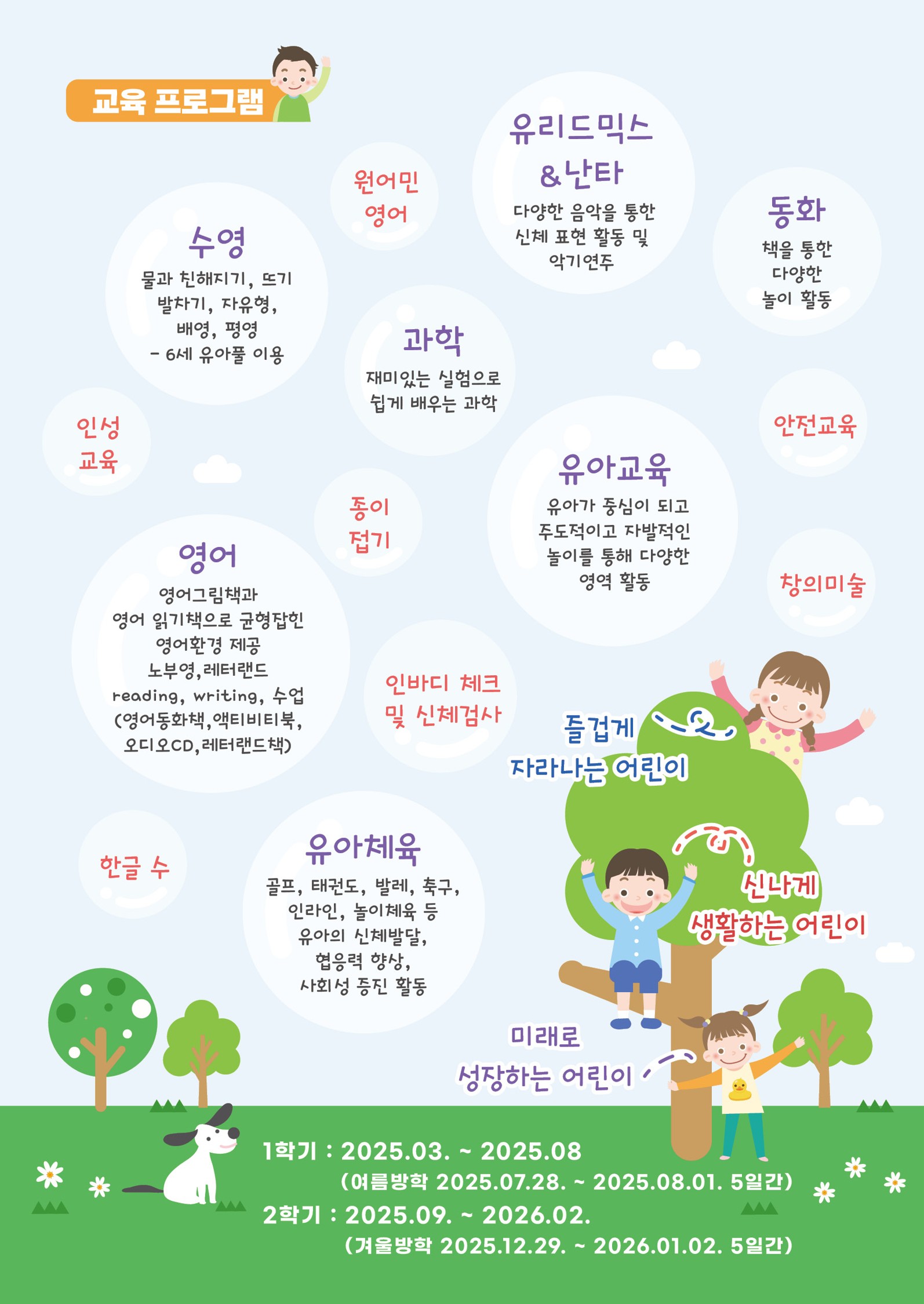 교육 프로그램
원어민영어,
유리드믹스&난타-다양한 음악을 통한 신체 표현 활동 및 악기연주,
동화-책을 통한 다양한 놀이 활동,
수영-물과 친해지기, 뜨기, 발차기, 자유형, 배영, 평형 - 6세 유아플 이용,
과학-재미있는 실험으로 쉽게 배우는 과학,
인성교육, 종이접기, 안전교육, 창의미술,
유아교육-유아가 중심이 되고 주도적이고 자발적인 놀이를 통해 다양한 영역 활동,
영어-영어그림책과 영어 읽기책으로 균형잡힌 영어환경 제공, 노부영, 레터랜드 reading, writing수업(영어동화책, 액티비티북, 오디오CD, 레터랜드책),
인바디 체크 및 신체검사, 한글 수,
유아체육-골프, 태권도, 발레, 축구, 인라인, 놀이체육 등 유아의 신체발달, 협응력 향상, 사회성 증진 활동,
-즐겁게 자라나는 어린이, 신나게 생활하는 어린이, 미래로 성장하는 어린이
 
1학기: 2025.03.~2025.08.(여름방학 2025.07.28.~2025.08.01. 5일간)
2학기: 2025.09.~2026.02.(겨울방학 2025.12.29.~2026.01.02. 5일간)
