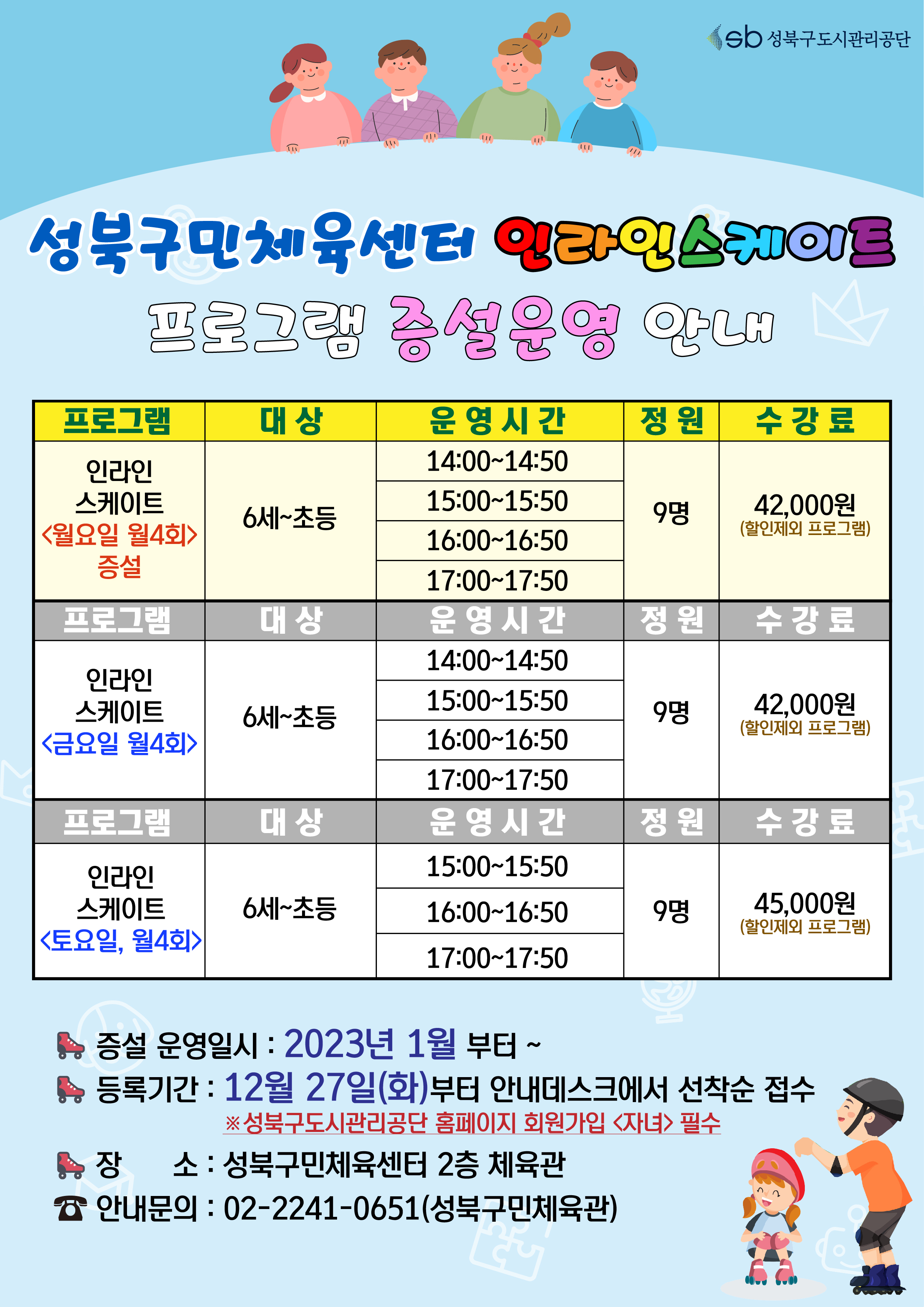 성북구민체육센터 인라인스케이트 프로그램 증설운영 안내

프로그램 | 대상 | 운영시간 | 정원 | 수강료
인라인스케이트<월요일, 월4회> 증설 | 6세~초등 | 14:00-14:50,15:00-15:50,16:00-16:50,17:00-17:50 | 9명 | 42,000원(할인제외 프로그램)
인라인스케이트<금요일, 월4회> | 6세~초등 | 14:00-14:50,15:00-15:50,16:00-16:50,17:00-17:50 | 9명 | 42,000원(할인제외 프로그램)
인라인스케이트<토요일, 월4회> | 6세~초등 | 15:00-15:50,16:00-16:50,17:00-17:50 | 9명 | 45,000원(할인제외 프로그램)

증설 운영일시 : 2023년 1월 부터
등록기간 : 12월 27일(화)부터 안내데스크에서 선착순 접수
※성북구도시관리공단 홈페이지 회원가입 <자녀> 필수
장 소: 성북구민체육센터 2층 체육관
안내문의 : 02-2241-0651(성북구민체육관)