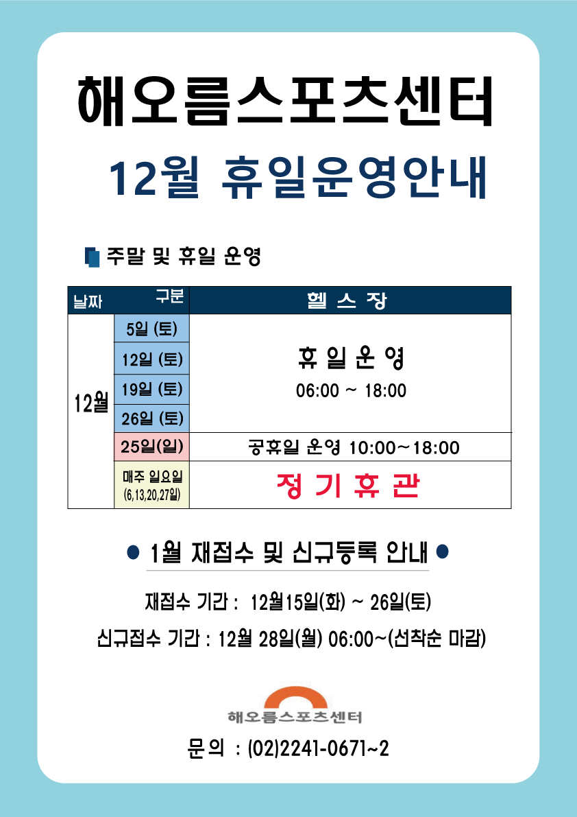 12월 휴일운영 및 재등록기간안내
해오름스포츠센터 12월 휴일운영 안내
주말 및 휴일 운영
날짜     구분             헬스장 
12월    5일 (토)
        12일 (토)         휴일운영
        19일 (토)      06:00 ~ 18:00
        26일 (토)
        25일 (일)     공휴일 운영 10:00~18:00        
      매주 일요일             정기 휴관
     (6,13,20,27일)
● 1월 재접수 및 신규등록 안내 ●
재접수 기간 : 12월 15일(화) ~ 26일(토)
신규접수 기간 : 12월 28일(월) 06:00~(선착순 마감)
해오름스포츠센터
문의 : (02)2241-0671~2