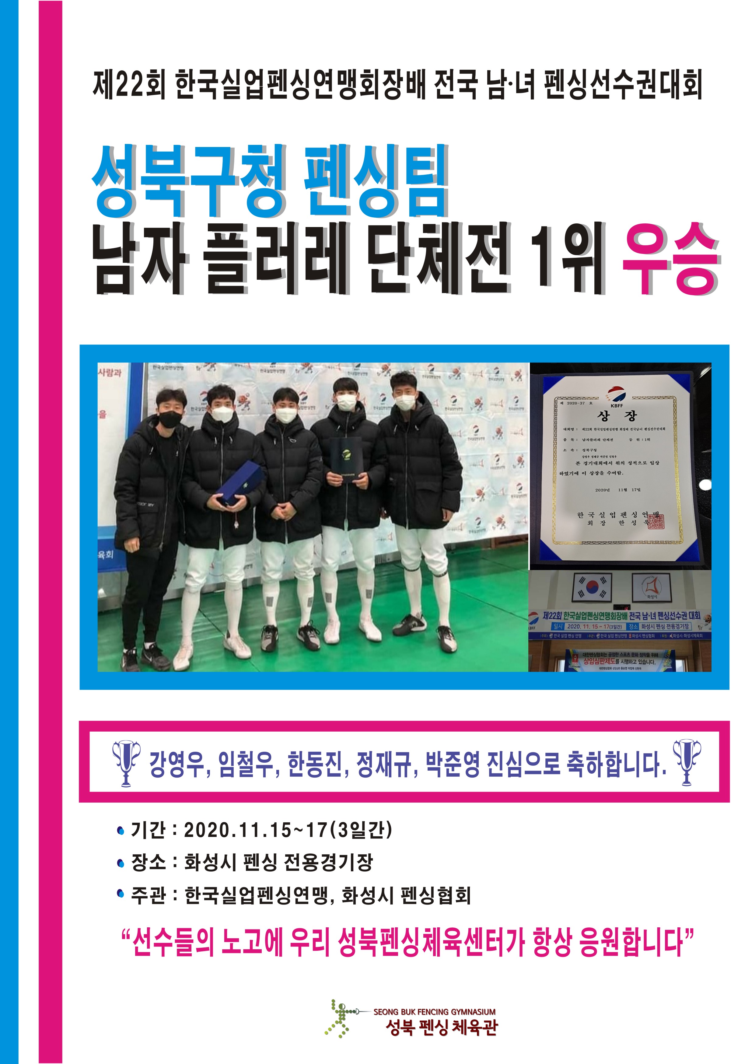 제22회 한국실업펜싱연맹회장배 전국 남.녀 펜싱선수권대회
성북구청 펜싱팀
남자 플러레 단체전 1위 우승
강영우,임철우,한동진,정재규,박준영 진심으로 축하합니다.
기간:2020.11.15~17(3일간)
장소:화성시 펜싱 전용경기장
주관:한국실업펜싱연맹,화성시펜싱협회
'선수들의 노고에 우리 성북펜싱체육센터가 항상 응원합니다' 성북펜싱체육관