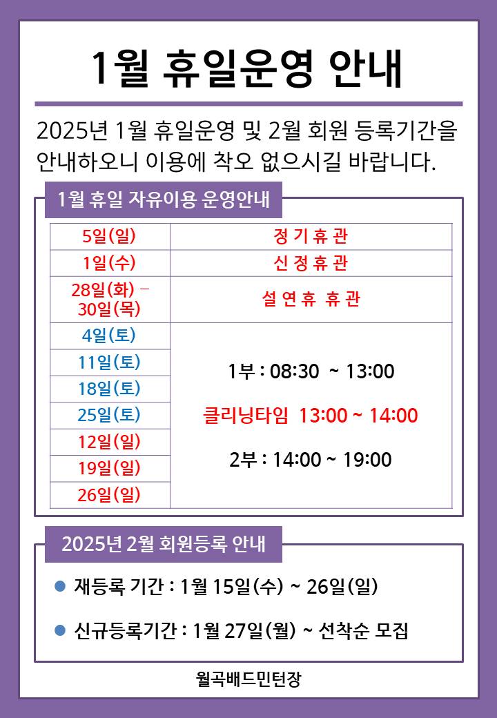   1월 휴일운영안내
  2025년 1월 휴일운영 및 2월 회원등록기간을 안내하오니 이용에 착오 없으시길 바랍니다.

  ■ 1월 휴일 자유이용 운영안내
  ○ 5일(일) : 정기 휴관  
  ○ 28일(화)-30일(목) : 설연휴 휴관
  ○ 4일(토)/11일(토)/18일(토)/25일(토) : 휴일운영(- 1부 : 8시30분~13시, - 클리닝타임 : 13~14시, - 2부 : 14시~17시)
  ○ 12일(일)/19일(일)/26일(일) : 휴일운영(- 1부 : 8시30분~13시, - 클리닝타임 : 13~14시, - 2부 : 14시~17시) 
   
  ■ 2024년 2월 회원등록 안내
  ○ 재등록 기간 : 1월 15일(수) ~ 26일(일)
  ○ 신규등록기간 : 1월 27일(월) ~ 선착순 모집

  구립월곡배드민턴전용체육관