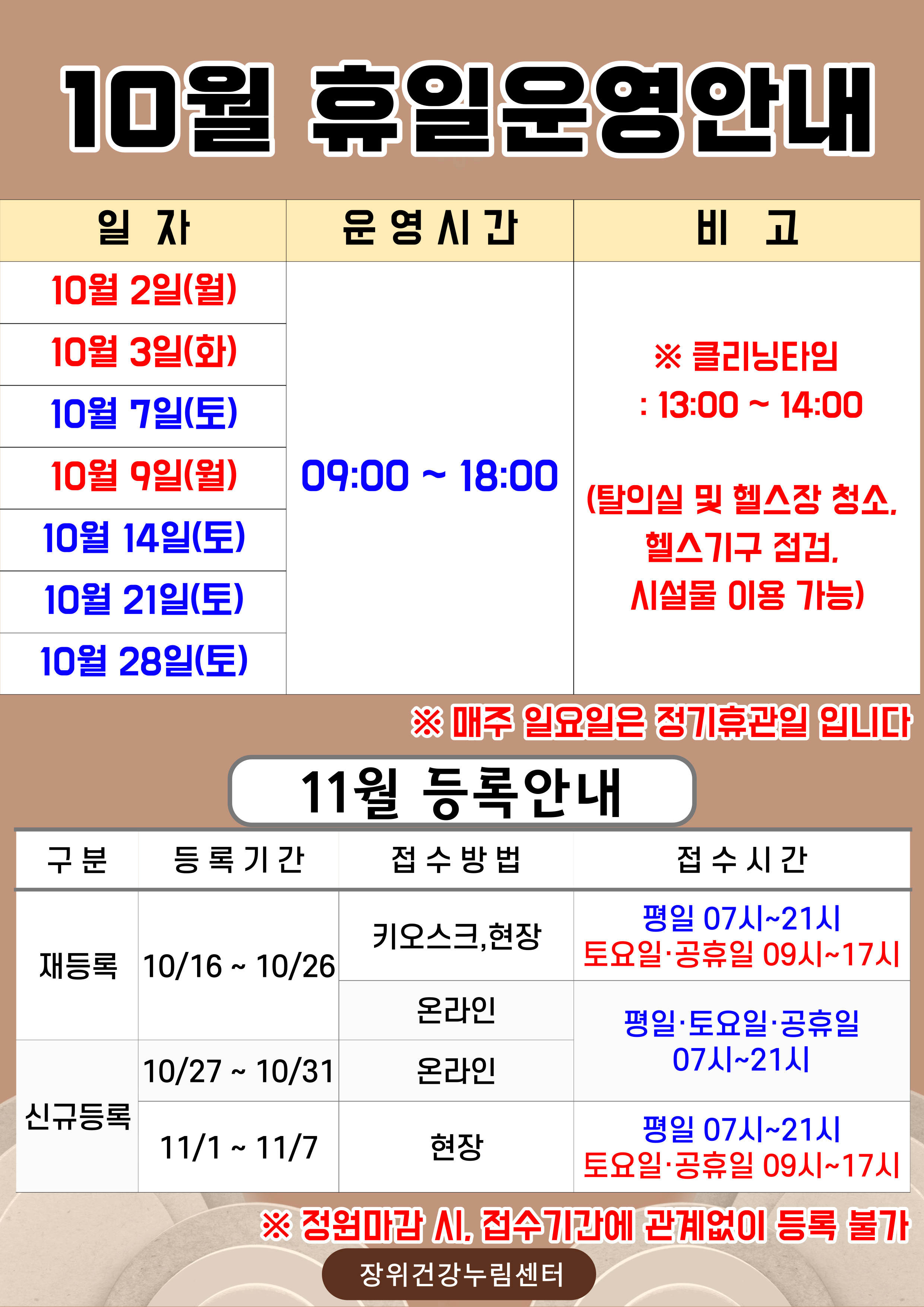 10월 휴일운영안내
  일자 | 운영시간 | 비고
  10월 2일(월), 10월 3일(화), 10월 9일(월)/ 10월 7일(토), 10월 14일(토), 10월 21일(토), 10월 28일(토) | 09:00 18:00 | ※ 클리닝타임 - 13:00 ~ 14:00 (탈의실 및 헬스장 청소, 헬스기구 점검, 시설물 이용 가능)
  10월 28일(목)~30일(토) | 휴무 | 명절연휴
  ※ 매주 일요일은 정기 휴관일 입니다.
  
  11월 등록안내
  구분 | 등록기간 | 접수방법 | 접수시간
  ·재등록 | 10월 16일 ~ 10월 26일 | 키오스크, 현장 | 07시~21시/토요일·공휴일 09시~17시
  ·재등록 | 10월 16일 ~ 10월 26일 | 온라인 | 평일·토요일·공휴일 07시~21시 
  ·신규등록 | 10월 27일 ~ 10월 31일 | 온라인 | 평일·토요일·공휴일 07시~21시 
  ·신규등록 | 11월 1일 ~ 11월7일 | 현장 | 평일 07시~21시/토요일·공휴일 09시~17시
  ※정원 마감시, 접수기간에 관계없이 등록 불가
  
  장위건강누림센터