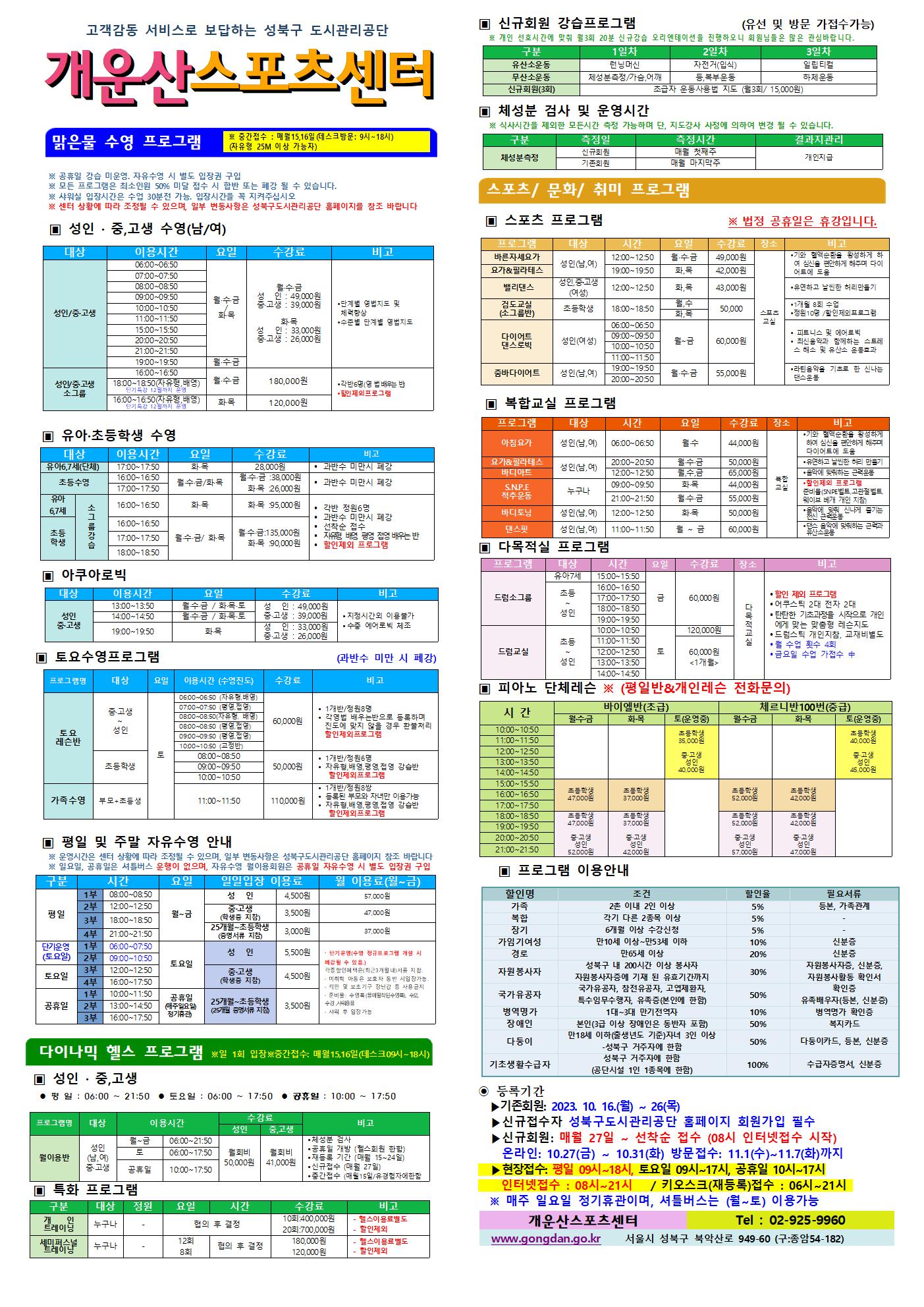 고객감동 서비스로 보답하는 성북구 도시관리공단
개운산스포츠 센터
※ 중간접수 : 매월15일,16일 (데스크방문: 9시~18시) (자유형 25M 이상 가능자) 

※ 공휴일 강습 미운영 / 공휴일 자유수영 시 별도 입장권 구입 
※ 모든 프로그램은 최소인원 50% 미달 접수 시 합반 또는 폐강 될 수 있습니다. 
※ 샤워실 입장시간은 수업 30분전 가능. 입장시간을 꼭 지켜주십시오
※ 센터 상황에 따라 조정될 수 있으며, 일부 변동사항은 성북구도시관리공단 홈페이지를 참조 바랍니다

▣ 성 인 · 중,고생 수영(남/여)
대상 | 이용시간 | 요일 | 수강료 | 비고
성 인/중·고생 | 06:00~06:50 | 월·수·금/화·목 | 월·수·금-성 인 : 49,000원,중·고생 : 39,000원 화·목-성 인 : 33,000원,중·고생 : 26,000원 | 단계별 영법지도 및 체력 향상, 수준별 단계별 영법지도 
성 인/중·고생 | 07:00~07:50 | 월·수·금/화·목 | 월·수·금-성 인 : 49,000원,중·고생 : 39,000원 화·목-성 인 : 33,000원,중·고생 : 26,000원 | 단계별 영법지도 및 체력 향상, 수준별 단계별 영법지도 
성 인/중·고생 | 08:00~08:50 | 월·수·금/화·목 | 월·수·금-성 인 : 49,000원,중·고생 : 39,000원 화·목-성 인 : 33,000원,중·고생 : 26,000원 | 단계별 영법지도 및 체력 향상, 수준별 단계별 영법지도 
성 인/중·고생 | 09:00~09:50 | 월·수·금/화·목 | 월·수·금-성 인 : 49,000원,중·고생 : 39,000원 화·목-성 인 : 33,000원,중·고생 : 26,000원 | 단계별 영법지도 및 체력 향상, 수준별 단계별 영법지도 
성 인/중·고생 | 10:00~10:50 | 월·수·금/화·목 | 월·수·금-성 인 : 49,000원,중·고생 : 39,000원 화·목-성 인 : 33,000원,중·고생 : 26,000원 | 단계별 영법지도 및 체력 향상, 수준별 단계별 영법지도 
성 인/중·고생 | 11:00~11:50 | 월·수·금/화·목 | 월·수·금-성 인 : 49,000원,중·고생 : 39,000원 화·목-성 인 : 33,000원,중·고생 : 26,000원 | 단계별 영법지도 및 체력 향상, 수준별 단계별 영법지도 
성 인/중·고생 | 15:00~15:50 | 월·수·금/화·목 | 월·수·금-성 인 : 49,000원,중·고생 : 39,000원 화·목-성 인 : 33,000원,중·고생 : 26,000원 | 단계별 영법지도 및 체력 향상, 수준별 단계별 영법지도 
성 인/중·고생 | 20:00~20:50 | 월·수·금/화·목 | 월·수·금-성 인 : 49,000원,중·고생 : 39,000원 화·목-성 인 : 33,000원,중·고생 : 26,000원 | 단계별 영법지도 및 체력 향상, 수준별 단계별 영법지도 
성 인/중·고생 | 21:00~21:50 | 월·수·금/화·목 | 월·수·금-성 인 : 49,000원,중·고생 : 39,000원 화·목-성 인 : 33,000원,중·고생 : 26,000원 | 단계별 영법지도 및 체력 향상, 수준별 단계별 영법지도 
성 인/중·고생 | 19:00~19:50 | 월·수·금 | 월·수·금-성 인 : 49,000원,중·고생 : 39,000원 | 단계별 영법지도 및 체력 향상, 수준별 단계별 영법지도 
성 인/중·고생 소그룹 | 16:00~16:50 | 월·수·금 | 180,000원 | 각반6명(영 배우는 반), 할인 제외 프로그램
성 인/중·고생 소그룹 | 18:00~18:50(자유형, 배영) - 단기특강 12월까지 운영 | 월·수·금 | 180,000원 | 각반6명(영 배우는 반), 할인 제외 프로그램
성 인/중·고생 소그룹 | 16:00~16:50(자유형, 배영) - 단기특강 12월까지 운영 | 화·목 | 120,000원 | 각반6명(영 배우는 반), 할인 제외 프로그램


▣ 유아·초등학생 수영
대상 | 이용시간 | 요일 | 수강료 | 비고
유아6,7세 | 17:00~17:50 | 화·목 | 28,000원 | 과반수 미만시 폐강
초등수영 | 16:00~16:50 | 월,수,금/화,목 | 월·수·금 : 38,000원,화·목 : 26,000원 | 과반수 미만시 폐강
초등수영 | 17:00~17:50 | 월,수,금/화,목 | 월·수·금 : 38,000원,화·목 : 26,000원 | 과반수 미만시 폐강
[소그룹 강습]유아6,7세 | 16:00~16:50 | 화,목  | 화·목 : 95,000원 | 각반 정원 6명,과반수 미만시 폐강,선착순 접수,자유형 배영 평영 접영 배우는반, 할인제외 프로그램
[소그룹 강습]초등학생 | 16:00~16:50 | 월,수,금/화,목  | 월·수·금 : 135,000원, 화·목 : 90,000원 | 각반 정원 6명,과반수 미만시 폐강,선착순 접수,자유형 배영 평영 접영 배우는반, 할인제외 프로그램
[소그룹 강습]초등학생 | 17:00~17:50 | 월,수,금/화,목  | 월·수·금 : 135,000원, 화·목 : 90,000원 | 각반 정원 6명,과반수 미만시 폐강,선착순 접수,자유형 배영 평영 접영 배우는반, 할인제외 프로그램
[소그룹 강습]초등학생 | 18:00~18:50 | 월,수,금/화,목  | 월·수·금 : 135,000원, 화·목 : 90,000원 | 각반 정원 6명,과반수 미만시 폐강,선착순 접수,자유형 배영 평영 접영 배우는반, 할인제외 프로그램
  
  
▣ 아쿠아로빅 
대상 | 이용시간 | 요일 | 수강료 | 비고
성 인/중·고생 | 13:00~13:50 | 월·수·금 / 화·목·토 | 성 인 : 49,000원,중·고생 : 39,000원 | 지정시간 외 이용불가,수중 에어로빅 체조
성 인/중·고생 | 14:00~14:50 | 월·수·금 / 화·목·토 | 성 인 : 49,000원,중·고생 : 39,000원 | 지정시간 외 이용불가,수중 에어로빅 체조
성 인/중·고생 | 19:00~19:50 | 화·목 | 성 인: 33,000원,중·고생: 26,000원 | 지정시간 외 이용불가,수중 에어로빅 체조
  

▣ 토요수영프로그램 (과반수 미만 시 폐강)
프로그램명 | 대상 | 요일 | 이용시간(수영진도) | 수강료 | 비고
토요 레슨반 | 중·고생~ 성 인 | 토 | 06:00~06:50(자유형, 배영) | 60,000원 | 1개반/정원8명,각영법 배우는반으로 등록하며 진도에 맞지 않을 경우 환불처리,할인 제외 프로그램
토요 레슨반 | 중·고생~ 성 인 | 토 | 07:00~07:50(평영, 접영) | 60,000원 | 1개반/정원8명,각영법 배우는반으로 등록하며 진도에 맞지 않을 경우 환불처리,할인 제외 프로그램
토요 레슨반 | 중·고생~ 성 인 | 토 | 08:00~08:50(자유형, 배영) | 60,000원 | 1개반/정원8명,각영법 배우는반으로 등록하며 진도에 맞지 않을 경우 환불처리,할인 제외 프로그램
토요 레슨반 | 중·고생~ 성 인 | 토 | 08:00~08:50(평영, 접영) | 60,000원 | 1개반/정원8명,각영법 배우는반으로 등록하며 진도에 맞지 않을 경우 환불처리,할인 제외 프로그램
토요 레슨반 | 중·고생~ 성 인 | 토 | 09:00~09:50(평영, 접영) | 60,000원 | 1개반/정원8명,각영법 배우는반으로 등록하며 진도에 맞지 않을 경우 환불처리,할인 제외 프로그램
토요 레슨반 | 중·고생~ 성 인 | 토 | 10:00~10:50(교정반) | 60,000원 | 1개반/정원8명,각영법 배우는반으로 등록하며 진도에 맞지 않을 경우 환불처리,할인 제외 프로그램
토요 레슨반 | 초등학생 | 토 | 08:00~08:50 | 50,000원 | 1개반/정원6명,자유형,배영,평영,접영 강습반,할인 제외 프로그램
토요 레슨반 | 초등학생 | 토 | 09:00~09:50 | 50,000원 | 1개반/정원6명,자유형,배영,평영,접영 강습반,할인 제외 프로그램
토요 레슨반 | 초등학생 | 토 | 10:00~10:50 | 50,000원 | 1개반/정원6명,자유형,배영,평영,접영 강습반,할인 제외 프로그램
가족수영 | 부모 + 초등생 | 토 | 11:00~11:50 | 110,000원 | 1개반/정원8쌍,등록된 부모와 자녀만 이용가능,자유형,배영,평영,접영 강습반,할인 제외 프로그램

  
▣ 평일 및 주말 자유수영 안내
※ 운영시간은 센터 상황에 따라 조정될 수 있으며, 일부 변동사항은 성북구도시관리공단 홈페이지 참조 바랍니다
※ 일요일, 공휴일은 셔틀버스 운행이 없으며, 자유수영 월이용회원은 공휴일 자유수영 시 별도 입장권 구입
구분 | 시간 | 요일 | 일일입장 이용료 | 월 이용료(월~금)
평일 | 1부 | 08:00~08:50 | 월~금 | 성 인:4,500원,중·고생(학생증 지참):3,500원,25개월~초등학생(증명서류 지참):3,000원 | 성 인:57,000원,중·고생(학생증 지참):47,000원,25개월~초등학생(증명서류 지참):37,000원
평일 | 2부 | 12:00~12:50 | 월~금 | 성 인:4,500원,중·고생(학생증 지참):3,500원,25개월~초등학생(증명서류 지참):3,000원 | 성 인:57,000원,중·고생(학생증 지참):47,000원,25개월~초등학생(증명서류 지참):37,000원
평일 | 3부 | 18:00~18:50 | 월~금 | 성 인:4,500원,중·고생(학생증 지참):3,500원,25개월~초등학생(증명서류 지참):3,000원 | 성 인:57,000원,중·고생(학생증 지참):47,000원,25개월~초등학생(증명서류 지참):37,000원
평일 | 4부 | 21:00~21:50 | 월~금 | 성 인:4,500원,중·고생(학생증 지참):3,500원,25개월~초등학생(증명서류 지참):3,000원 | 성 인:57,000원,중·고생(학생증 지참):47,000원,25개월~초등학생(증명서류 지참):37,000원
단기운영(토요일) | 1부 | 6:00~7:50 | 토요일 | 성 인:5,500원,중·고생(학생증 지참):4,500원,25개월~초등학생(증명서류 지참):3,500원 | · 단기운영(수영 정규프로그램 개설 시 폐강될 수 있음), · 각종할인혜택은등본(최근3개월이내)서류지참,· 미취학 아동은 보호자 동반 시 입장가능, · 킥판 및 보조 기구 장난감등 사용금지,· 준비물:수영복(몸에 밀착된 수영복),수모, 수경 샤워용품, · 샤워 후 입장가능
단기운영(토요일) | 2부 | 09:00~10:50 | 토요일 | 성 인:5,500원,중·고생(학생증 지참):4,500원,25개월~초등학생(증명서류 지참):3,500원 | · 단기운영(수영 정규프로그램 개설 시 폐강될 수 있음), · 각종할인혜택은등본(최근3개월이내)서류지참,· 미취학 아동은 보호자 동반 시 입장가능, · 킥판 및 보조 기구 장난감등 사용금지,· 준비물:수영복(몸에 밀착된 수영복),수모, 수경 샤워용품, · 샤워 후 입장가능
토요일 | 3부 | 12:00~12:50 | 토요일 | 성 인:5,500원,중·고생(학생증 지참):4,500원,25개월~초등학생(증명서류 지참):3,500원 | · 단기운영(수영 정규프로그램 개설 시 폐강될 수 있음), · 각종할인혜택은등본(최근3개월이내)서류지참,· 미취학 아동은 보호자 동반 시 입장가능, · 킥판 및 보조 기구 장난감등 사용금지,· 준비물:수영복(몸에 밀착된 수영복),수모, 수경 샤워용품, · 샤워 후 입장가능
토요일 | 4부 | 16:00~17:50 | 토요일 | 성 인:5,500원,중·고생(학생증 지참):4,500원,25개월~초등학생(증명서류 지참):3,500원 | · 단기운영(수영 정규프로그램 개설 시 폐강될 수 있음), · 각종할인혜택은등본(최근3개월이내)서류지참,· 미취학 아동은 보호자 동반 시 입장가능, · 킥판 및 보조 기구 장난감등 사용금지,· 준비물:수영복(몸에 밀착된 수영복),수모, 수경 샤워용품, · 샤워 후 입장가능
공휴일 | 1부 | 10:00~11:50 | 공휴일(매주 일요일 정기휴관) | 성 인:5,500원,중·고생(학생증 지참):4,500원,25개월~초등학생(증명서류 지참):3,500원 | · 단기운영(수영 정규프로그램 개설 시 폐강될 수 있음), · 각종할인혜택은등본(최근3개월이내)서류지참,· 미취학 아동은 보호자 동반 시 입장가능, · 킥판 및 보조 기구 장난감등 사용금지,· 준비물:수영복(몸에 밀착된 수영복),수모, 수경 샤워용품, · 샤워 후 입장가능
공휴일 | 2부 | 13:00~14:50 | 공휴일(매주 일요일 정기휴관) | 성 인:5,500원,중·고생(학생증 지참):4,500원,25개월~초등학생(증명서류 지참):3,500원 | · 단기운영(수영 정규프로그램 개설 시 폐강될 수 있음), · 각종할인혜택은등본(최근3개월이내)서류지참,· 미취학 아동은 보호자 동반 시 입장가능, · 킥판 및 보조 기구 장난감등 사용금지,· 준비물:수영복(몸에 밀착된 수영복),수모, 수경 샤워용품, · 샤워 후 입장가능
공휴일 | 3부 | 16:00~17:50 | 공휴일(매주 일요일 정기휴관) | 성 인:5,500원,중·고생(학생증 지참):4,500원,25개월~초등학생(증명서류 지참):3,500원 | · 단기운영(수영 정규프로그램 개설 시 폐강될 수 있음), · 각종할인혜택은등본(최근3개월이내)서류지참,· 미취학 아동은 보호자 동반 시 입장가능, · 킥판 및 보조 기구 장난감등 사용금지,· 준비물:수영복(몸에 밀착된 수영복),수모, 수경 샤워용품, · 샤워 후 입장가능


다이나믹 헬스 프로그램 ※일 1회 입장 ※중간접수 : 매월15일,16일(데스크09시~18시)
▣ 성 인 · 중,고생 
 평 일 : 06:00 ~ 21:50  토요일 : 06:00 ~ 17:50  공휴일 : 10:00 ~ 17:50 
프로그램명 | 대상 | 이용시간 |  | 수강료(성 인) | 수강료(중,고생) | 비고
월이용반 | 성 인(남,여)/중·고생 | 월~금 | 06:00~21:50 | 월회비:50,000원 | 월회비:41,000원 | ● 체성분 검사 , ● 공휴일 개방 (헬스회원 한함) , ● 재등록 기간 (매월 15~24일) , ● 신규접수 (매월 27일) , ● 중간접수 (매월15일/유경험자에한함)
월이용반 | 성 인(남,여)/중·고생 | 토 | 06:00~17:50 | 월회비:50,000원 | 월회비:41,000원 | ● 체성분 검사 , ● 공휴일 개방 (헬스회원 한함) , ● 재등록 기간 (매월 15~24일) , ● 신규접수 (매월 27일) , ● 중간접수 (매월15일/유경험자에한함)
월이용반 | 성 인(남,여)/중·고생 | 공휴일 | 10:00~17:50 | 월회비:50,000원 | 월회비:41,000원 | ● 체성분 검사 , ● 공휴일 개방 (헬스회원 한함) , ● 재등록 기간 (매월 15~24일) , ● 신규접수 (매월 27일) , ● 중간접수 (매월15일/유경험자에한함)

  
▣ 특화 프로그램
구분 | 대상 | 정원 | 요일  | 시간 | 수강료 | 비고
개인 트레이닝 | 누구나 | - | 협의 후 결정 | 협의 후 결정 | 10회:400,000원 / 20회:700,000원 | - 헬스이용료별도,- 할인제외
세미퍼스널트레이닝 | 누구나 | - | 12회 / 8회 | 협의 후 결정 | 180,000원 / 120,000원 | - 헬스이용료별도,- 할인제외

  
▣ 신규회원 강습프로그램 (유선 및 방문 가접수가능)
※ 개인 선호시간에 맞춰 월3회 20분 신규강습 오리엔테이션을 진행하오니 회원님들은 많은 관심바랍니다.
구분 | 1일차 | 2일차 | 3일차 
유산소운동 | 런닝머신 | 자전거(입식) | 일립티컬
무산소운동 | 체성분 측정 / 가슴,어깨 | 등, 복부운동 | 하체운동
신규회원(3회) |초급자 운동사용법 지도 (월3회/ 15,000원)
  
  
▣ 체성분 검사 및 운영시간
※ 식사시간을 제외한 모든시간 측정 가능하며 단, 지도강사 사정에 의하여 변경 될 수 있습니다. 
구분 | 측정일 | 측정시간 | 결과지관리
체성분측정 | 신규회원 | 매월 첫째주 | 개인지급
체성분측정 | 기존회원 | 매월 마지막주 | 개인지급



스포츠/문화/취미 프로그램 
▣ 스포츠 프로그램 ※ 법정 공휴일은 휴강입니다.
프로그램 | 대상 | 시간 | 요일 | 수강료 | 장소 | 비고
바른자세요가 | 성 인(남,여) | 12:00~12:50 | 월·수·금 | 49,000원 |  | ● 기와 혈액순환을 왕성하게 하여 심신을 편안하게 해주며 다이어트에 도움
요가&필라테스 | 성 인(남,여) | 19:00~19:50 | 화·목 | 42,000원 |  | ● 기와 혈액순환을 왕성하게 하여 심신을 편안하게 해주며 다이어트에 도움
밸리댄스 | 성 인,중고생 (여성) | 12:00~12:50 | 화·목 | 43,000원 |  |  ● 유연하고 날씬한 허리만들기 
검도교실(소그룹반) | 초등학생 | 18:00~18:50 | 월·수 / 화·목 | 50,000원 |  | ● 1개월 8회 수업  ● 정원10명 / 할인제외프로그램
다이어트 댄스로빅 | 성 인(여성) | 06:00~06:50, 09:00~09:50, 10:00~10:50, 11:00~11:50 | 월~금 | 60,000원 | 스포츠교실 | ● 피트니스 및 에어로빅  ● 최신음악과 함께하는 스트레스 해소 및 유산소 운동효과
줌바다이어트 | 성인(남,여) | 19:00~19:50, 20:00~20:50 | 월·수·금 | 55,000원 | 스포츠교실 | ● 라틴음악을 기초로 한 신나는 댄스운동


  
▣ 복합교실 프로그램
프로그램 | 대상 | 시간 | 요일 | 수강료 | 장소 | 비고
아침요가 | 성 인(남,여) | 06:00~06:50 | 월·수 | 44,000원 | 복합교실 | 기와 혈액순환을 왕성하게 하여 심신을 편안하게 해주며 다이어트에 도움
요가&필라테스 | 성 인(남,여) | 20:00~20:50 | 월·수·금 | 50,000원 | 복합교실 | 유연하고 날씬한 허리 만들기
바디아트 | 성 인(남,여) | 12:00~12:50 | 월·수·금 | 65,000원 | 복합교실 | 음악에 맞춰하는 근력운동
S.N.P.E 척추운동 | 누구나 | 09:00~09:50 | 화·목 | 44,000원 | 복합교실 | 할인제외 프로그램, 준비물(SNPE벨트, 고관절벨트, 웨이브 배개 개인 지참)
S.N.P.E 척추운동 | 누구나 | 21:00~21:50 | 월·수·금 | 55,000원 | 복합교실 | 할인제외 프로그램, 준비물(SNPE벨트, 고관절벨트, 웨이브 배개 개인 지참)
바디토닝 | 성 인(남,여) | 10:00~10:50 | 화·목 | 50,000원 | 복합교실 | 음악에 맞춰하는 신나게 즐기는 전신 근력운동
댄스핏 | 성 인(남,여) | 11:00~11:50 | 월~금 | 60,000원 | 복합교실 | 댄스 음악에 맞춰하는 근력과 유산소운동



▣ 다목적실 프로그램 
프로그램 | 대상 | 시간 | 요일 | 수강료 | 장소 | 비고
드럼소그룹 | 유아7세 | 15:00~15:50 | 금 | 60,000원 | 다목적 교실 | ● 할인 제외 프로그램 , ● 어쿠스틱 2대 전자 2대  , ● 탄탄한 기초과정을 시작으로 개인에게 맞는 맞춤형 레슨지도 , ● 드럼스틱 개인지참, 교재비별도 , ● 월 수업 횟수 4회 ●금요일 수업 가접수 中 
드럼소그룹 | 초등~성인 | 16:00~16:50 | 금 | 60,000원 | 다목적 교실 | ● 할인 제외 프로그램 , ● 어쿠스틱 2대 전자 2대  , ● 탄탄한 기초과정을 시작으로 개인에게 맞는 맞춤형 레슨지도 , ● 드럼스틱 개인지참, 교재비별도 , ● 월 수업 횟수 4회 ●금요일 수업 가접수 中 
드럼소그룹 | 초등~성인 | 17:00~17:50 | 금 | 60,000원 | 다목적 교실 | ● 할인 제외 프로그램 , ● 어쿠스틱 2대 전자 2대  , ● 탄탄한 기초과정을 시작으로 개인에게 맞는 맞춤형 레슨지도 , ● 드럼스틱 개인지참, 교재비별도 , ● 월 수업 횟수 4회 ●금요일 수업 가접수 中 
드럼소그룹 | 초등~성인 | 18:00~18:50 | 금 | 60,000원 | 다목적 교실 | ● 할인 제외 프로그램 , ● 어쿠스틱 2대 전자 2대  , ● 탄탄한 기초과정을 시작으로 개인에게 맞는 맞춤형 레슨지도 , ● 드럼스틱 개인지참, 교재비별도 , ● 월 수업 횟수 4회 ●금요일 수업 가접수 中 
드럼소그룹 | 초등~성인 | 19:00~19:50 | 금 | 60,000원 | 다목적 교실 | ● 할인 제외 프로그램 , ● 어쿠스틱 2대 전자 2대  , ● 탄탄한 기초과정을 시작으로 개인에게 맞는 맞춤형 레슨지도 , ● 드럼스틱 개인지참, 교재비별도 , ● 월 수업 횟수 4회 ●금요일 수업 가접수 中 
드럼교실 | 초등~성인 | 10:00~10:50 | 토 | 120,000원 | 다목적 교실 | ● 할인 제외 프로그램 , ● 어쿠스틱 2대 전자 2대  , ● 탄탄한 기초과정을 시작으로 개인에게 맞는 맞춤형 레슨지도 , ● 드럼스틱 개인지참, 교재비별도 , ● 월 수업 횟수 4회 ●금요일 수업 가접수 中 
드럼교실 | 초등~성인 | 11:00~11:50 | 토 | 60,000원(1개월) | 다목적 교실 | ● 할인 제외 프로그램 , ● 어쿠스틱 2대 전자 2대  , ● 탄탄한 기초과정을 시작으로 개인에게 맞는 맞춤형 레슨지도 , ● 드럼스틱 개인지참, 교재비별도 , ● 월 수업 횟수 4회 ●금요일 수업 가접수 中 
드럼교실 | 초등~성인 | 12:00~12:50 | 토 | 60,000원(1개월) | 다목적 교실 | ● 할인 제외 프로그램 , ● 어쿠스틱 2대 전자 2대  , ● 탄탄한 기초과정을 시작으로 개인에게 맞는 맞춤형 레슨지도 , ● 드럼스틱 개인지참, 교재비별도 , ● 월 수업 횟수 4회 ●금요일 수업 가접수 中 
드럼교실 | 초등~성인 | 13:00~13:50 | 토 | 60,000원(1개월) | 다목적 교실 | ● 할인 제외 프로그램 , ● 어쿠스틱 2대 전자 2대  , ● 탄탄한 기초과정을 시작으로 개인에게 맞는 맞춤형 레슨지도 , ● 드럼스틱 개인지참, 교재비별도 , ● 월 수업 횟수 4회 ●금요일 수업 가접수 中 
드럼교실 | 초등~성인 | 14:00~14:50 | 토 | 60,000원(1개월) | 다목적 교실 | ● 할인 제외 프로그램 , ● 어쿠스틱 2대 전자 2대  , ● 탄탄한 기초과정을 시작으로 개인에게 맞는 맞춤형 레슨지도 , ● 드럼스틱 개인지참, 교재비별도 , ● 월 수업 횟수 4회 ●금요일 수업 가접수 中 

  

▣ 피아노 단체레슨 ※ (평일반&개인레슨 전화문의)
시 간  | 바이엘반(초급) 월·수·금 /화·목 / 토(운영중) | 체르니반100번(중급) 월·수·금 /화·목 / 토(운영중) 
10:00~10:50 | 초등학생:35,000원 (토), 청소년/성 인:40,000원(토) | 초등학생:40,000원(토) ,청소년/성 인:45,000원(토)
11:00~11:50 | 초등학생:35,000원 (토), 청소년/성 인:40,000원(토) | 초등학생:40,000원(토) ,청소년/성 인:45,000원(토)
12:00~12:50 | 초등학생:35,000원 (토), 청소년/성 인:40,000원(토) | 초등학생:40,000원(토) ,청소년/성 인:45,000원(토)
13:00~13:50 | 초등학생:35,000원 (토), 청소년/성 인:40,000원(토) | 초등학생:40,000원(토) ,청소년/성 인:45,000원(토)
14:00~14:50 | 초등학생:35,000원 (토), 청소년/성 인:40,000원(토) | 초등학생:40,000원(토) ,청소년/성 인:45,000원(토)
15:00~15:50 | 초등학생:47,000원(월·수·금), 초등학생:37,000원(화·목) | 초등학생:52,000원(월·수·금), 초등학생:42,000원(화·목)
16:00~16:50 | 초등학생:47,000원(월·수·금), 초등학생:37,000원(화·목) | 초등학생:52,000원(월·수·금), 초등학생:42,000원(화·목)
17:00~17:50 | 초등학생:47,000원(월·수·금), 초등학생:37,000원(화·목) | 초등학생:52,000원(월·수·금), 초등학생:42,000원(화·목)
18:00~18:50 | 초등학생:47,000원(월·수·금), 초등학생:37,000원(화·목), 청소년/성 인:52,000원(월·수·금) 청소년/성 인:42,000원(화·목) | 초등학생:52,000원(월·수·금), 초등학생:42,000원(화·목), 청소년/성 인:57,000원(월·수·금) 청소년/성 인:47,000원(화·목)
19:00~19:50 | 초등학생:47,000원(월·수·금), 초등학생:37,000원(화·목), 청소년/성 인:52,000원(월·수·금) 청소년/성 인:42,000원(화·목) | 초등학생:52,000원(월·수·금), 초등학생:42,000원(화·목), 청소년/성 인:57,000원(월·수·금) 청소년/성 인:47,000원(화·목)
20:00~20:50 | 초등학생:47,000원(월·수·금), 초등학생:37,000원(화·목), 청소년/성 인:52,000원(월·수·금) 청소년/성 인:42,000원(화·목) | 초등학생:52,000원(월·수·금), 초등학생:42,000원(화·목), 청소년/성 인:57,000원(월·수·금) 청소년/성 인:47,000원(화·목)
21:00~21:50 | 초등학생:47,000원(월·수·금), 초등학생:37,000원(화·목), 청소년/성 인:52,000원(월·수·금) 청소년/성 인:42,000원(화·목) | 초등학생:52,000원(월·수·금), 초등학생:42,000원(화·목), 청소년/성 인:57,000원(월·수·금) 청소년/성 인:47,000원(화·목)



▣ 프로그램 이용안내 
할인명 | 조건 | 할인율 | 필요서류
가족 | 2촌 이내 2인 이상 | 5% | 등본, 가족관계
복합 | 각기 다른 2종목 이상 | 5% | -
장기 | 6개월 이상 수강신청 | 5% | -
가임기여성 | 만10세 이상~만53세 이하 | 10% | 신분증
경로 | 만65세 이상 | 20% | 신분증
자원봉사자 | 성북구 내 200시간 이상 봉사자 자원봉사자증에 기재 된 유효기간까지 | 30% | 자원봉사자증, 신분증, 자원봉사활동 확인서
국가유공자 | 국가유공자, 참전유공자, 고엽제환자, 특수임무수행자, 유족증(본인에 한함) | 50% | 확인증,유족배우자(등본, 신분증)
병역명가 | 1대~3대 만기전역자 | 10% | 병역명가 확인증
장애인 | 본인(3급 이상 장애인은 동반자 포함) | 50% | 복지카드
다둥이 | 만18세 이하(출생년도 기준)자녀 3인 이상  -성북구 거주자에 한함 | 50% | 다둥이카드, 등본, 신분증
기초생활수급자 | 성북구 거주자에 한함(공단시설 1인 1종목에 한함) | 100% | 수급자증명서, 신분증

◉ 등록기간
  ▶기존회원: 2023.10.16.(월) ~ 26(목)
  ▶신규 접수자 : 성북구도시관리공단 홈페이지 회원가입 필수
  ▶신규회원: 매월27일 ~ 선착순 접수 (08시 인터넷접수 시작)
    온라인: 10.27.(금) ~ 10.31(화) / 방문접수 : 11.1(수) ~ 11.7(화)까지
  ▶현장접수 : 평일 09시~18시, 토요일09시~17시, 공휴일10시~17시 ,
    인터넷접수 : 08시~21시/키오스크(재등록)접수 : 06시~21시
  ※매주 일요일 정기휴관이며, 셔틀버스는 (월~토) 이용가능

개운산스포츠센터(Tel : 02-925-9960)
www.gongdan.go.kr 서울시 성북구 북악산로 949-61(구:종암54-182)