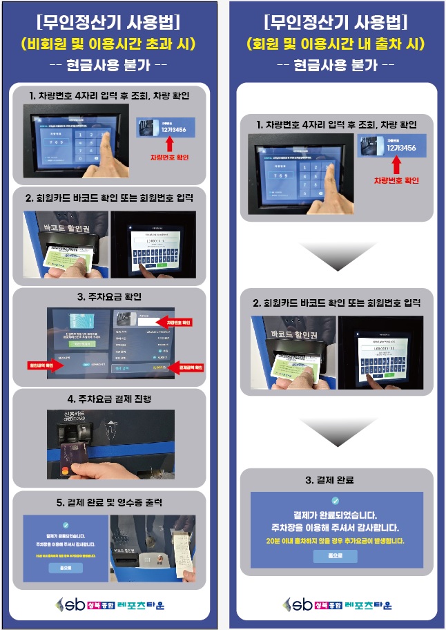 [무인정산기 사용법]
(비회원 및 이용시간 초과 시)

-- 현금사용 불가 --

1. 차량번호 4자리 입력 후 조회, 차량 확인
2. 회원카드 바코드 확인 또는 회원번호 입력
3. 주차요금 확인
4. 주차요금 결제 진행
5. 결제 완료 및 영수증 출력

[무인정산기 사용법]
(회원 및 이용시간 내 출차 시)

-- 현금사용 불가 --
1. 차량번호 4자리 입력 후 조회, 차량 확인
2. 회원카드 바코드 확인 또는 회원번호 입력
3. 결제 완료