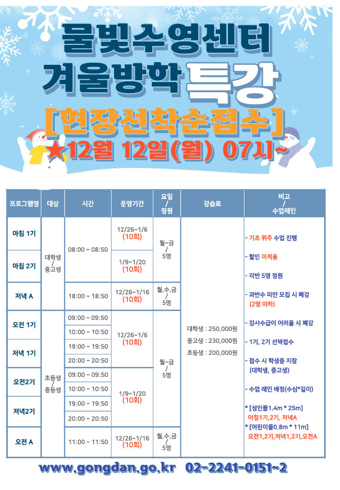 물빛수영센터 겨울방학특강
[현장선착순접수]
12월 12일(월) 07시 !

프로그램명 | 대상 | 시간 | 운영기간 | 요일/정원 | 강습료 | 비고/수업레인
아침 1기 | 대학생/중고생 | 08:00 ~ 08:50 | 12/26~1/6(10회) | 월~금/5명
아침 2기 | 대학생/중고생 | 08:00 ~ 08:50 | 1/9~1/20(10회) | 월~금/5명
저녁 A | 대학생/중고생 | 18:00 - 18:50 | 12/26~1/6(10회) | 월,수,금/5명
오전 1기 | 초등생/중등생 | 09:00~ 09:50,10:00 - 10:50 | 12/26~1/6(10회) | 월~금/5명
저녁 1기 | 초등생/중등생 | 19:00 19:50,20:00 20:50 | 12/26~1/6(10회) | 월~금/5명
오전 2기 | 초등생/중등생| 09:00~ 09:50,10:00 - 10:50 | 1/9~1/20(10회) | 월~금/5명
저녁 2기 | 초등생/중등생 | 19:00 19:50,20:00 20:50 | 1/9~1/20(10회) | 월~금/5명
오전 A | 초등생/중등생 | 11:00-11:50 | 12/26~1/6(10회) | 월,수,금/5명

대학생 : 250,000원 중고생 : 230,000원 초등생 : 200,000원
-기초 위주 수업 진행
-할인 미적용
-각반 5명 정원
-과반수 미만 모집 시 폐강(2명 이하)
-강사수급이 어려울 시 폐강
-1기, 2기 선택접수
-접수 시 학생증 지참(대학생, 중고생)
-수업 레인 배정(수심*길이)
*[성 인풀1.4m*25m]:
아침1기,2기, 저녁A
*[어린이풀0.8m*11m]:오전1,2기,저녁1,2기,오전A

www.gongdan.go.kr 02-2241-0151~2