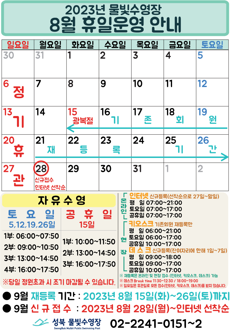 2023년 물빛수영장
8월 휴일운영 안내
일요일 | 월요일 | 화요일 | 수요일 | 목요일 | 금요일 | 토요일
- | - | 1 | 2 | 3 | 4 | 5
6 정기 휴관 | 7 | 8 | 9 | 10 | 11 | 12
13 정기 휴관 | 14 | 15 광복절(기존회원 재등록 :15일~26일) | 16 (기존회원 재등록 :15일~26일) | 17 (기존회원 재등록 :15일~26일) | 18 (기존회원 재등록 :15일~26일) | 19 (기존회원 재등록 :15일~26일)
20 정기 휴관 | 21 (기존회원 재등록 :15일~26일) | 22 (기존회원 재등록 :15일~26일) | 23 (기존회원 재등록 :15일~26일) | 24 (기존회원 재등록 :15일~26일) | 25 (기존회원 재등록 :15일~26일) | 26 (기존회원 재등록 :15일~26일)
27 정기 휴관 | 28 (신규접수 인터넷 선착순) | 29 | 30 | 31 | - | -
자유수영: 토요일 - 5,12,19,26일 1부: 06:00~07:50, 2부: 09:00~10:50, 3부: 13:00~14:50, 4부: 16:00~17:50
자유수영: 공휴일 15일: 1부: 10:00~11:50, 2부: 13:00~14:50, 3부: 16:00~17:50
※ 당일 정원초과시 조기 마감될 수 있습니다.
온라인(인터넷 신규등록: 선착순으로 27일~말일) 평일 07:00 ~ 21:00, 토요일 07:00 ~ 17:00, 공휴일 07:00 ~ 17:00
현장(키오스크) - 평일 06:00 ~ 21:00, 토요일 06:00 ~ 17:00, 공휴일 10:00 ~ 17:00
현장(데스크) - 평일 09:00 ~ 18:00, 토요일 09:00 ~ 17:00, 공휴일 10:00 ~ 17:00
※ 재등록은 온라인 및 현장 접수 (인터넷, 키오스크, 데스크) 가능.
※ 데스크 Break time 11:30~12:30, 18:00~19:00.
※ 일요일 휴관일로 모든 접수(인터넷, 키오스크, 데스크)를 받지 않습니다.
■ 9월 재등록 기간 : 2023년 8월15일(화)~26일(토)까지
■ 9월 신규접수 : 2023년 8월 28일(월)~인터넷 선착순
성북물빛수영장 SeongBuk Mulbit Public Swimming Pool 02)2241-0151~2
