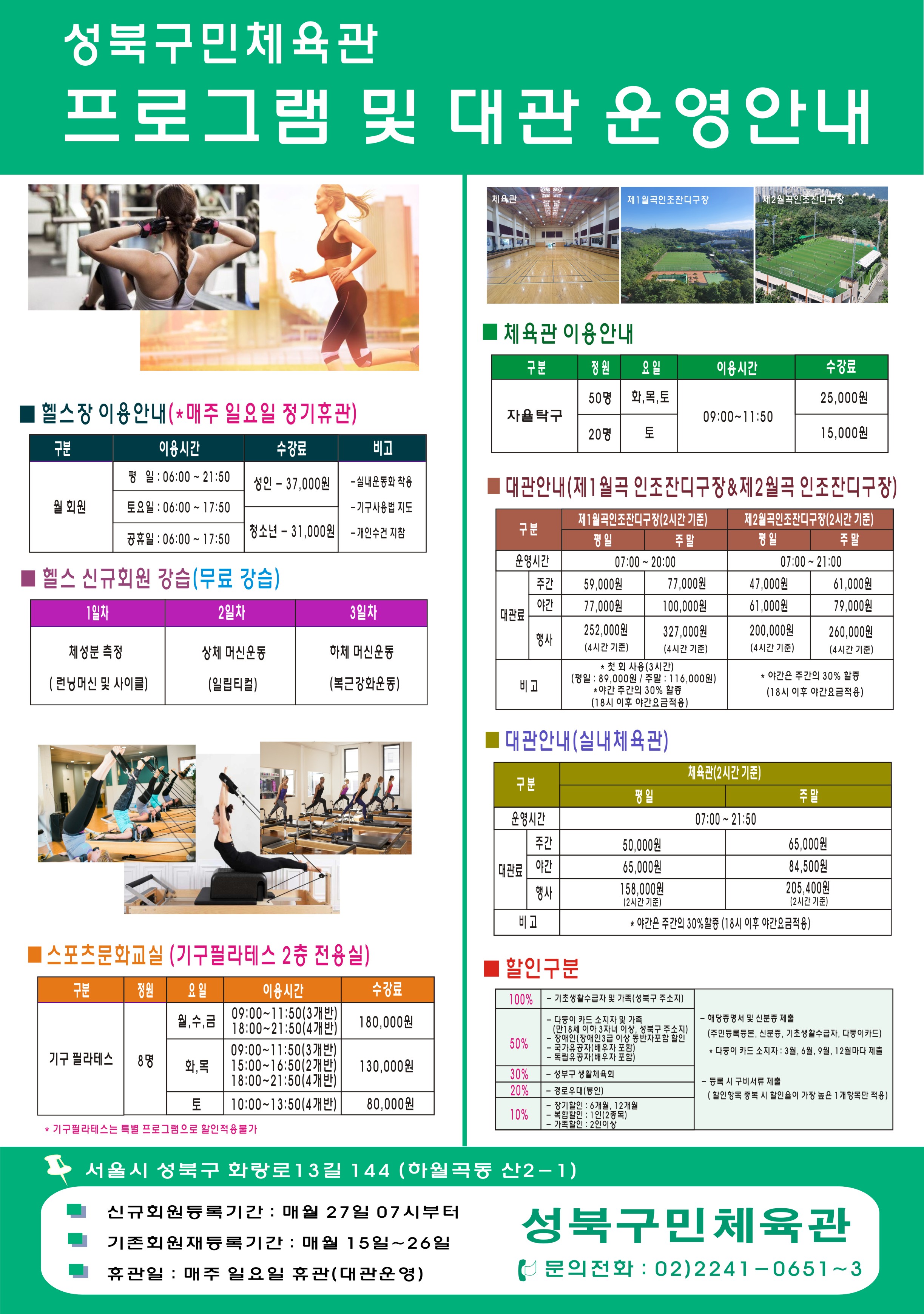 성북구민체육관 프로그램 및 대관 운영안내
 ■헬스장 이용안내 ( 매주 일요일 정기휴관)
 표 - 구분 | 이용시간 | 수강료 | 비고
 월회원 | 평일 : 06:00 ~ 21:50 | 성 인37,000원, 청소년 31,000원 | 실내운동화 착용, 기구사용법지도, 개인수건 지참
 월회원 | 토요일 : 06:00 ~ 17:50 | 성 인37,000원, 청소년 31,000원 | 실내운동화 착용, 기구사용법지도, 개인수건 지참 
 월회원 | 공휴일 : 06:00 ~ 17:50 | 성 인37,000원, 청소년 31,000원 | 실내운동화 착용, 기구사용법지도, 개인수건 지참 
 ■헬스 신규회원 강습(무료강습)
 1일차 - 체성분측정 (런닝머신 및 사이클)
 2일차 - 상체 머신운동 ( 일립티컬)
 3일차 - 하체 머신운동 (복근강화운동)
 ■스포츠문화교실 (기구필라테스 2층 전용실)
 표-구분,정원,요일,이용시간,수강료
 기구필라테스 | 8명 | 월수금 | 09:00~11:50(3개반),18:00 ~ 21:50(4개반) | 180,000원
 기구필라테스 | 8명 | 화목 | 09:00~11:50(3개반),15:00~16:50(2개반),18:00 ~ 21:50(4개반) | 130,000원
 기구필라테스 | 8명 | 토 |10:00~13:50 (4개반) | 80,000원
 *기구필라테스는 특별프로그램으로 할인적용불가
 ■ 체육관 이용안내
 표 - 구분, 정원, 요일, 이용시간, 수강료
 자율탁구 | 50명 | 화,목,토 | 09:00~11:50 | 25,000원
 자율탁구 | 20명 | 토 | 09:00~11:50 |15,000원
 
 ■ 대관안내 (제1월곡 인조잔디구장 & 제2월곡 인조잔디구장)
 표 - 구분, 제1월곡인조잔디구장(2시간 기준) 평일/주말, 제2월곡인조잔디구장(2시간 기준) 평일/주말
 운영시간 | 평일/주말 07:00 ~ 20:00 | 평일/주말 07:00 ~ 21:00 | 
 대관료 - 주간 | 평일 59,000원 / 주말 77,000원 | 평일 47,000원 / 주말 61,000원 |
 대관료 - 야간 | 평일 77,000원 / 주말 100,000원 | 평일 61,000원 / 주말 79,000원 |
 
 대관료 - 행사 | 평일 252,000원(4시간기준) / 주말 327,000원(4시간기준) | 평일 200,000원(4시간기준) / 주말 260,000원(4시간기준) |
 비고 | * 첫 회 사용 (3시간) (평일 : 89,000원 / 주말 : 116,000원)비고 *야간 주간의 30% 할증 (18시 이후 야간요금적용) | * 야간은 주간의 30% 할증 (18시 이후 야간요금적용)
 
 ■ 대관안내 (실내체육관)
 구분 | 체육관(2시간 기준)
 운영시간 | 07:00 ~ 21:50
 대관료-주간 | 평일 50,000원, 주말 65,000원
 대관료-주간 | 평일 65,000원, 주말 84,500원
 대관료-주간 | 평일 158,000원 (2시간 기준), 주말 205,400원 (2시간 기준)
 비고 | * 야간은 주간의 30% 할증 (18시 이후 야간요금적용)
 
 ■할인구분
 100% - 기초생활수급자 및 가족（성북구 주소지),
 50%-다등이 카드소지자 및가족 （만18세 이하 3자녀 이상, 성북구 주소지） -장애인（장애인3급 이상 동반자포함 할인 -국가유공자（배우자 포함） -독립유공자（배우자 포함),
 30% -성북구 생활체육회
 20% - 경로우대（동인)
 10% -장기할인 : 6개월, 12개월 -복합할인 : 1인(2종목) -가족할인 : 2인이상 
 - 해당증명서 및 신분증 제출 （주민등록등본, 신분증, 기초생활수급자, 다둥이카드｝ 
 * 다둥이 카드 소지자 : 3월, 6월, 9월, 12월마다 제출
 - 등록시 구비서류제출 (할인항목 중복시 할인율이 가장 높은 1개 항목만 적용)
 
 서울시 성북구 화량로13길 144 （하월곡동 산2-1）
 ■신규회원등록기간 : 매월 27일 07시부터
 ■기존회원재등록기간 : 매월 1 5일〜26일
 ■휴관일 : 매주 일요일 휴관(대관운영)
 성북구민체육관
 문의전화 : 02）2241 -0651-3