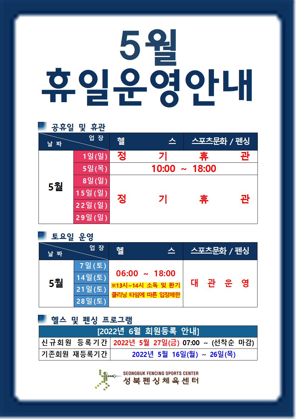 5월 휴일운영안내

공휴일 및 휴관
날짜 | 업장
5월1일(일),8일(일),15일(일),22일(일),29일(일) | 헬스,스포츠문화/펜싱 | 정기휴관
5월5일(목) | 헬스,스포츠문화/펜싱 | 10:00~18:00

토요일 운영
날짜 | 업장
5월7일(토),14일(토),21일(토),28일(토) |  헬스(06:00 18:00 ※13시~14시 소독 및 환기 클리닝 타임에 따른 입장제한),스포츠문화/펜싱(대관운영)

헬스 및 스포츠문화/펜싱 프로그램
[2022년 6월 회원등록 안내]
신규회원 등록기간 : 2022년 5월 27일(금) 07:00 ~ (선착순 마감)
기존회원 재등록기간 : 2022년 5월 16일(월) ~ 26일(목)

성북펜싱체육센터
