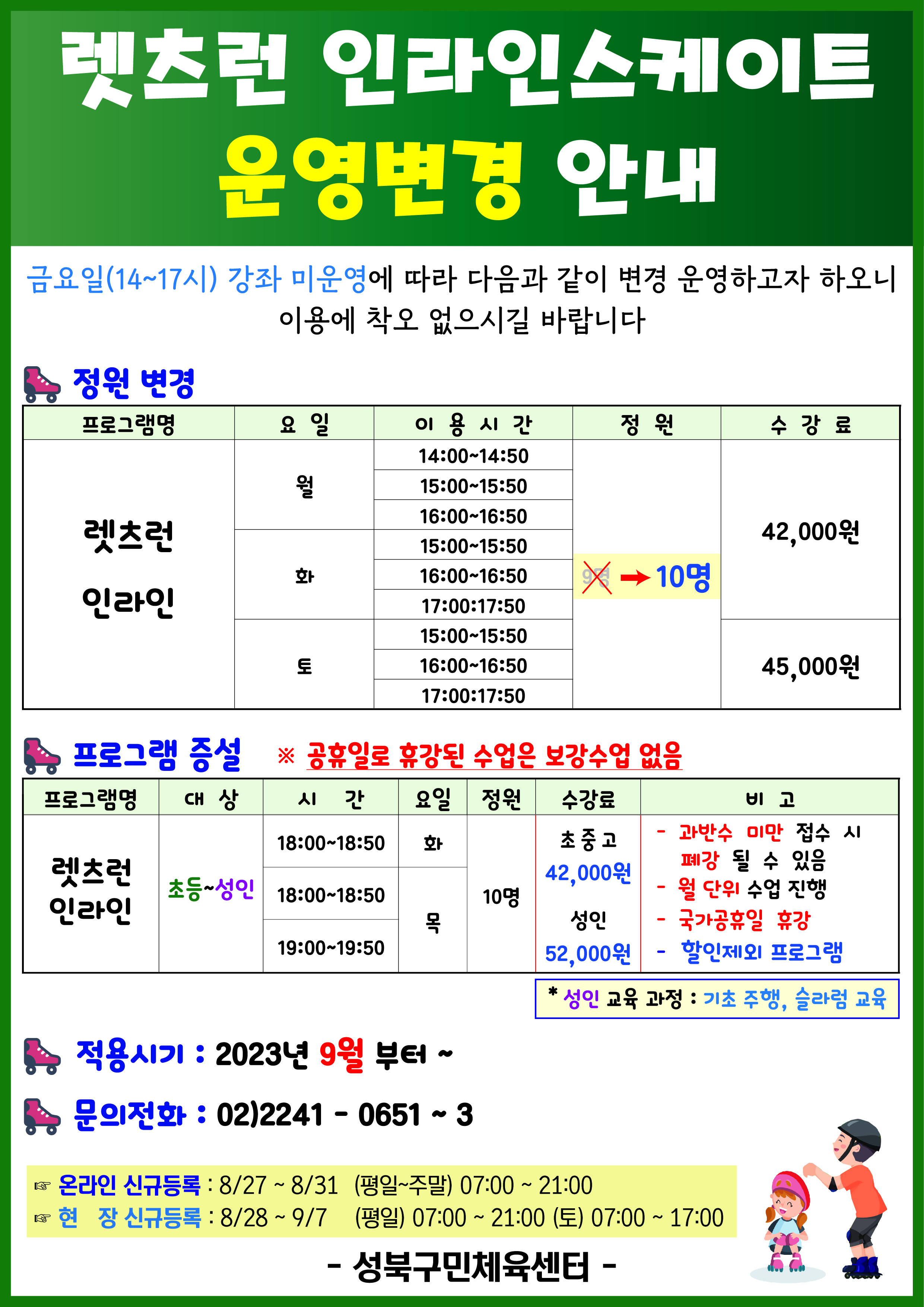 렛츠런 인라인스케이트 운영변경 안내
금요일(14~17시) 강좌 미운영에 따라 다음과 같이 변경 운영하고자 하오니 이용에 착오 없으시길 바랍니다
정원 변경
프로그램명 | 요일 | 이용시간 | 정원 | 수강료
렛츠런 인라인 | 월 | 14:00-14:50, 15:00-15:50, 16:00-16:50 | 9명(취소) (다음) 10명(변경) | 42,000원
렛츠런 인라인 | 화 | 15:00-15:50, 16:00-16:50, 17:00~17:50 | 9명(취소) (다음) 10명(변경) | 42,000원
렛츠런 인라인 | 토 | 15:00-15:50, 16:00-16:50, 17:00~17:50 | 9명(취소) (다음) 10명(변경) | 45,000원


프로그램 증설 (※ 공휴일로 휴강된 수업은 보강수업 없음)
프로그램명 | 대상 | 시간 (요일) | 정원 | 수강료 | 비고
렛츠런 인라인 | 초등~성인 | 18:00-18:50(화) ,  18:00~18:50(목), 19:00-19:50(목) | 10명 | 초중고 42,000원/ 성인 52,000원 | - 과반수 미만 접수 시 폐강 될 수 있음, -월 단위 수업 진행, -국가공휴일 휴강, - 할인제외 프로그램

* 성인 교육 과정 : 기초 주행, 슬라럼 교육

적용시기: 2023년 9월 부터
문의전화 : 02)2241-0651~3

온라인 신규등록 : 8/27~8/31 (평일~주말) 07:00 ~ 21:00
현장 신규등록 : 8/28 ~ 9/7 (평일) 07:00~21:00 (토) 07:00 ~ 17:00
-성북구민체육센터-