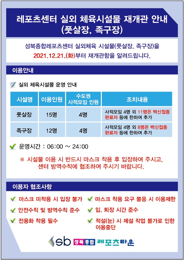 레포츠센터 실외 체육시설물 재개관 안내
(풋살장, 족구장)
성북종합레포츠센터 실외체육 시설물(풋살장, 족구장)을
2021.12.21.(화)부터 재개관함을 알려드립니다.
이용안내
실외 체육시설물 운영 안내
시설명 | 이용인원 | 수도권 사적모임 인원 | 조치내용
풋살장 | 15명 | 4명 | 사적모임 4명 외 11명은 백신접종 완료자 등에 한하여 추가
족구장 | 12명 | 4명 | 사적모임 4명 외 8명은 백신접종 완료자 등에 한하여 추가
운영시간 : 06:00 ~ 24:00
※ 시설물 이용 시 반드시 마스크 착용 후 입장하여 주시고,
센터 방역수칙에 협조하여 주시기 바랍니다.
이용자 협조사항
마스크 미착용 시 입장 불가 ,마스크 착용 요구 불응 시 이용제한,안전수칙 및 방역수칙 준수, 입, 퇴장 시간 준수 ,전용화 착용 필수, 적설(눈) 시 제설 작업 불가로 인한
이용중단
성북 종합 레포츠타운