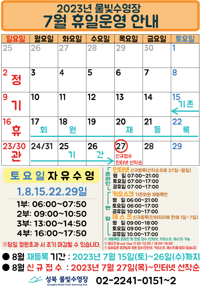   2023년 물빛수영장
  7월 휴일운영 안내
  일요일 | 월요일 | 화요일 | 수요일 | 목요일 | 금요일 | 토요일
  - | - | - | - | - | - | 1
  2 정기 휴관 | 3 | 4 | 5 | 6 | 7 | 8
  9 정기 휴관 | 10 | 11 | 12 | 13 | 14 | 15 (기존회원 재등록 :15일~26일)
  16 정기 휴관 | 17 (기존회원 재등록 :15일~26일) | 18 (기존회원 재등록 :15일~26일) | 19 (기존회원 재등록 :15일~26일) | 20 (기존회원 재등록 :15일~26일) | 21 (기존회원 재등록 :15일~26일) | 22 (기존회원 재등록 :15일~26일)
  23 정기 휴관 | 24  (기존회원 재등록 :15일~26일) | 25 (기존회원 재등록 :15일~26일) | 26 (기존회원 재등록 :15일~26일) | 27 (신규접수 인터넷 선착순) | 28 | 29
  30 | - | - | - | - | - | - 



  토요일 자유수영 - 1,8,15,22,29일  1부: 06:00~07:50, 2부: 09:00~10:50, 3부: 13:00~14:50, 4부: 16:00~17:50  
  ※ 당일 정원초과시 조기 마감될 수 있습니다.

  온라인(인터넷 신규등록: 선착순으로 27일~말일) 평일 07:00 ~ 21:00, 토요일 07:00 ~ 17:00, 공휴일 07:00 ~ 17:00 
  현장(키오스크 : 기존회원 재등록만) - 평일 06:00 ~ 21:00, 토요일 06:00 ~ 17:00, 공휴일 10:00 ~ 17:00 
  현장(데스크 신규등록 : 잔여자리에 한해 1일~7일) - 평일 09:00 ~ 18:00, 토요일 09:00 ~ 17:00, 공휴일 10:00 ~ 17:00 
   ※ 재등록은 온라인 및 현장 접수 (인터넷, 키오스크, 데스크) 가능.
  ※ 데스크 Break time 11:30~12:30, 18:00~19:00.
  ※ 일요일 휴관일로 모든 접수(인터넷, 키오스크, 데스크)를 받지 않습니다.


  ■ 8월 재등록 기간 : 2023년 7월15일(토)~26일(수)까지
  ■ 8월 신규접수 : 2023년 7월 27일(목)~인터넷 선착순

  성북물빛수영장 SeongBuk Mulbit Public Swimming Pool 02)2241-0151~2