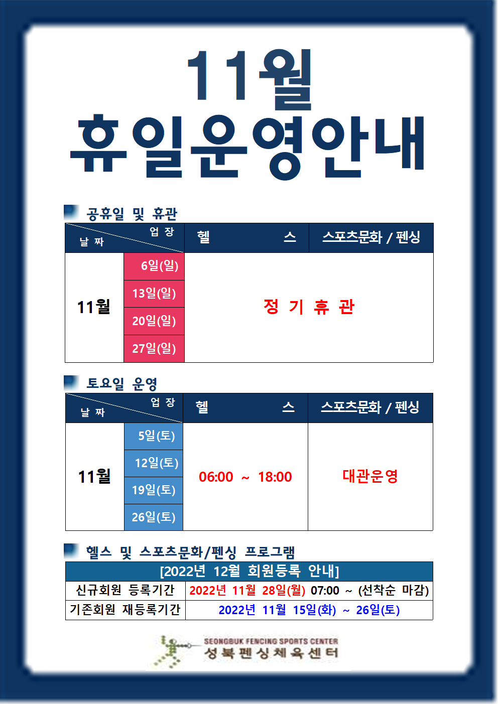 11월 휴일운영안내

공휴일 및 휴관
날짜 | 업장
11월6일(일),13일(일),20일(일),27일(일) | 헬스,스포츠문화/펜싱 | 정기휴관

토요일 운영
날짜 | 업장
11월5일(토),12일(토),19일(토),26일(토) |  헬스(06:00~18:00),스포츠문화/펜싱(대관운영)

헬스 및 스포츠문화/펜싱 프로그램
[2022년 12월 회원등록 안내]
신규회원 등록기간 : 2022년 11월 28일(월) 07:00 ~ (선착순 마감)
기존회원 재등록기간 : 2022년 11월 15일(화) ~ 26일(토)

성북펜싱체육센터
