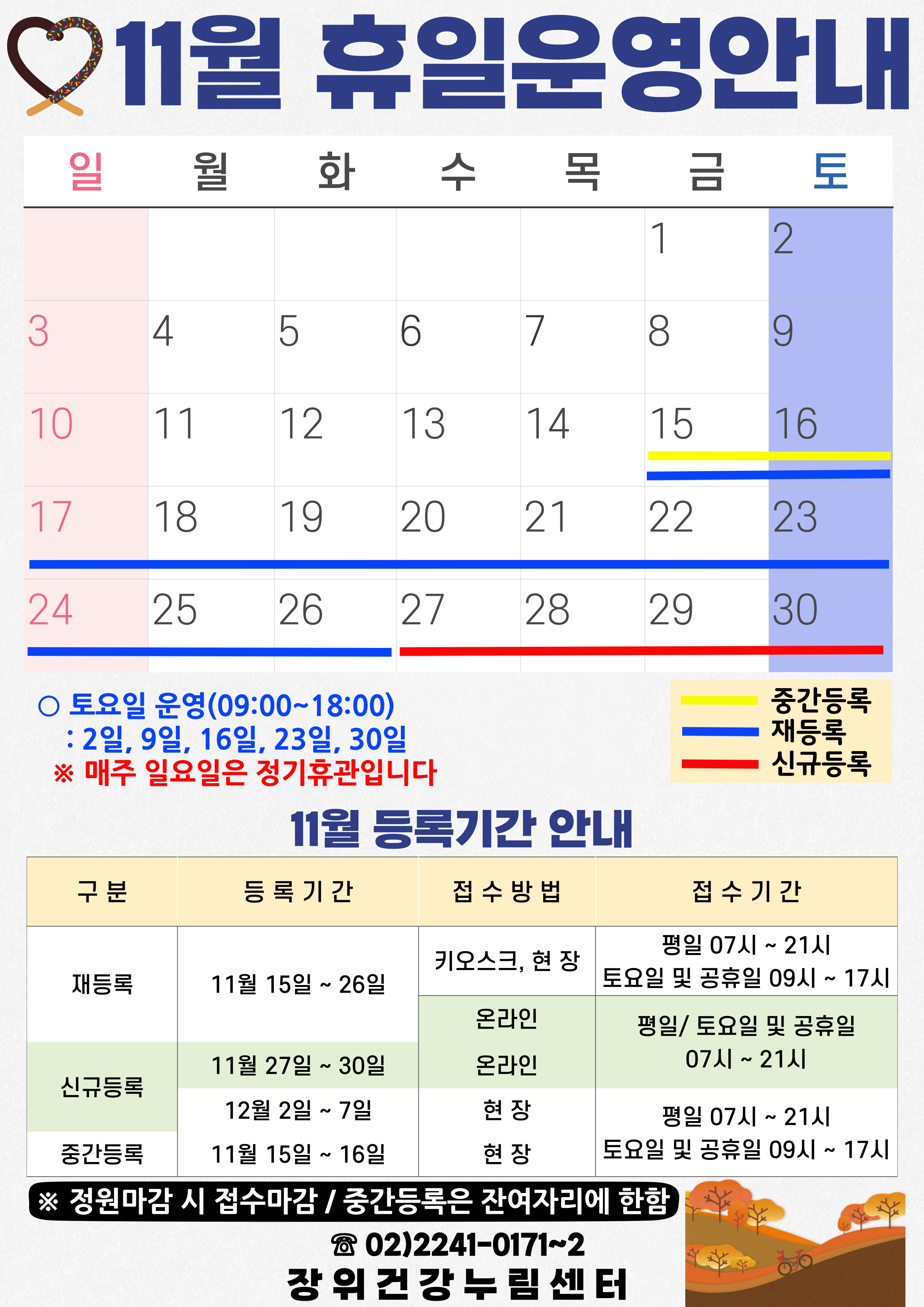11월 휴일운영안내
공휴일 : 없음 / 중간등록 : 15(금)~16일(토) / 재등록 : 15(금)~26일(화) / 신규등록 : 27(수)~30일(토)
토요일 운영(09:00~18:00): 2일, 9일, 16일, 23일, 30일
*매주 일요일은 정기휴관입니다.
11월 등록기간 안내
구분 | 등록기간 | 접수방법 | 접수시간
·재등록 | 11월 15일 ~ 26일 | 키오스크, 현장 | 07시~21시/토요일·공휴일 09시~17시
·재등록 | 11월 15일 ~ 26일 | 온라인 | 평일·토요일·공휴일 07시~21시
·신규등록 | 11월 27일 ~ 30일 | 온라인 | 평일·토요일·공휴일 07시~21시
·신규등록 | 12월2일 ~ 7일 | 현장 | 평일 07시~21시/토요일·공휴일 09시~17시
·중간등록 | 11월15일 ~ 16일 | 현장 | 평일 07시~21시/토요일·공휴일 09시~17시
※정원 마감시 접수마감
※중간등록은 잔여자리에 한함
02-2241-0171~2
장위건강누림센터