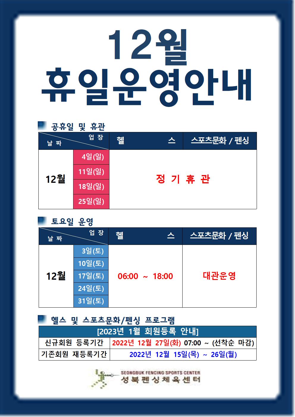 12월 휴일운영안내

공휴일 및 휴관
날짜 | 업장
12월4일(일),11일(일),18일(일),25일(일) | 헬스,스포츠문화/펜싱| 정기휴관

토요일 운영
날짜 | 업장
12월3일(토),10일(토),17일(토),24일(토),31일(토) |  헬스(06:00 18:00),스포츠문화/펜싱(대관운영)

헬스 및 스포츠문화/펜싱 프로그램
[2023년 1월 회원등록 안내]
신규회원 등록기간 2022년 12월 27일(화) 07:00 (선착순 마감)
기존회원 재등록기간 2022년 12월 15일(목) ~ 26일(월)

성북펜싱체육센터
