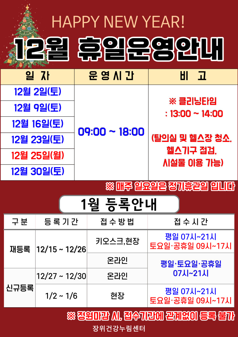   HAPPY NEW YEAER!
  12월 휴일운영안내
  일자 | 운영시간 | 비고
  12월25일(월)/12월 2일(토), 12월 9일(토), 12월 16일(토), 12월 23일(토), 12월 30일(토) | 09:00 18:00 | ※ 클리닝타임 - 13:00 ~ 14:00 (탈의실 및 헬스장 청소, 헬스기구 점검, 시설물 이용 가능)
  ※ 매주 일요일은 정기 휴관일 입니다.
  
  1월 등록안내
  구분 | 등록기간 | 접수방법 | 접수시간
  ·재등록 | 12월 15일 ~ 12월 26일 | 키오스크, 현장 | 07시~21시/토요일·공휴일 09시~17시
  ·재등록 | 12월 15일 ~ 12월 26일 | 온라인 | 평일·토요일·공휴일 07시~21시 
  ·신규등록 | 12월 27일 ~ 12월 30일 | 온라인 | 평일·토요일·공휴일 07시~21시 
  ·신규등록 | 1월2일 ~ 1월6일 | 현장 | 평일 07시~21시/토요일·공휴일 09시~17시
  ※정원 마감시, 접수기간에 관계없이 등록 불가
  
  장위건강누림센터