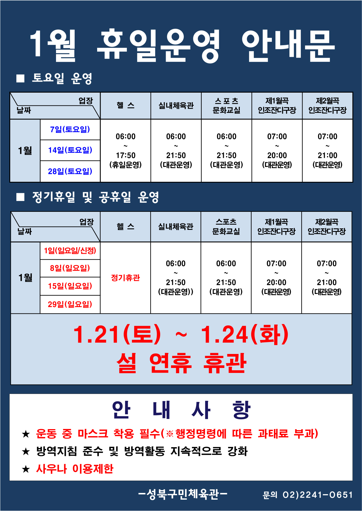 1월 휴일운영 안내문
■ 토요일 운영
날짜:1월 7일(토요일), 14일(토요일), 28일(토요일)
업장:  
헬스 |   06:00 ~ 17:50 (휴일운영) 
실내체육관 | 06:00~21:50 (대관운영)
스포츠 문화교실 | 06:00~ 21:50 (대관운영)
제1월곡 인조잔디구장 |  07:00 ~ 20:00 (대관운영)
제2월곡 인조잔디구장 |  07:00 ~ 21:00 (대관운영)

■ 정기휴일 및 공휴일 운영
헬스 | 1월 1일(일요일/신정),8일(일요일),15일(일요일),29일(일요일) | 정기휴관
실내체육관,스포츠문화교실,제1월곡인조잔디구장,제2월곡인조잔디구장 | 1월 1일(일요일/신정),8일(일요일),15일(일요일),29일(일요일) | 06:00~21:50 (대관운영) 

설 연휴 휴관 01.21.(토) ~ 01.24.(화)

안 내 사 항 
★ 운동 중 마스크 착용 필수(※ 행정명령에 따른 과태료 부과)
★ 방역지침 준수 및 방역활동 지속적으로 강화 
★ 사우나 이용제한

- 성북구민체육센터 -
문의 02)2241-0651