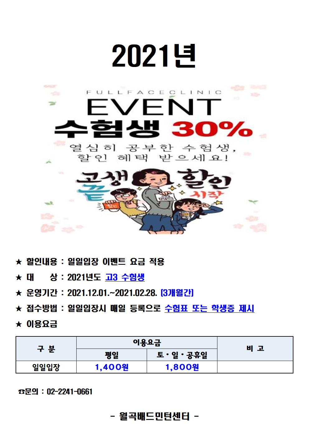 2021년
FULLFACE CLINIC  EVENT 수험생 30%
열심히 공부한 수험생, 할인 혜택 받으세요!
고생 끝
할인 시작

★ 할인내용 : 일일입장 이벤트 요금 적용,★대 상 : 2021년도 고3 수험생 
★ 운영기간 : 2021.12.01.~2021.02.28. [3개월간) 
★ 접수방법 : 일일입장시 매일 등록으로 수험표 또는 학생증 제시 
★ 이용요금
구분 | 이용요금  | 비고
일일입장 | 평일 1400원 토,일,공휴일 1,800원 |
문의 : 02-2241-0661
- 월곡배드민턴센터 -
