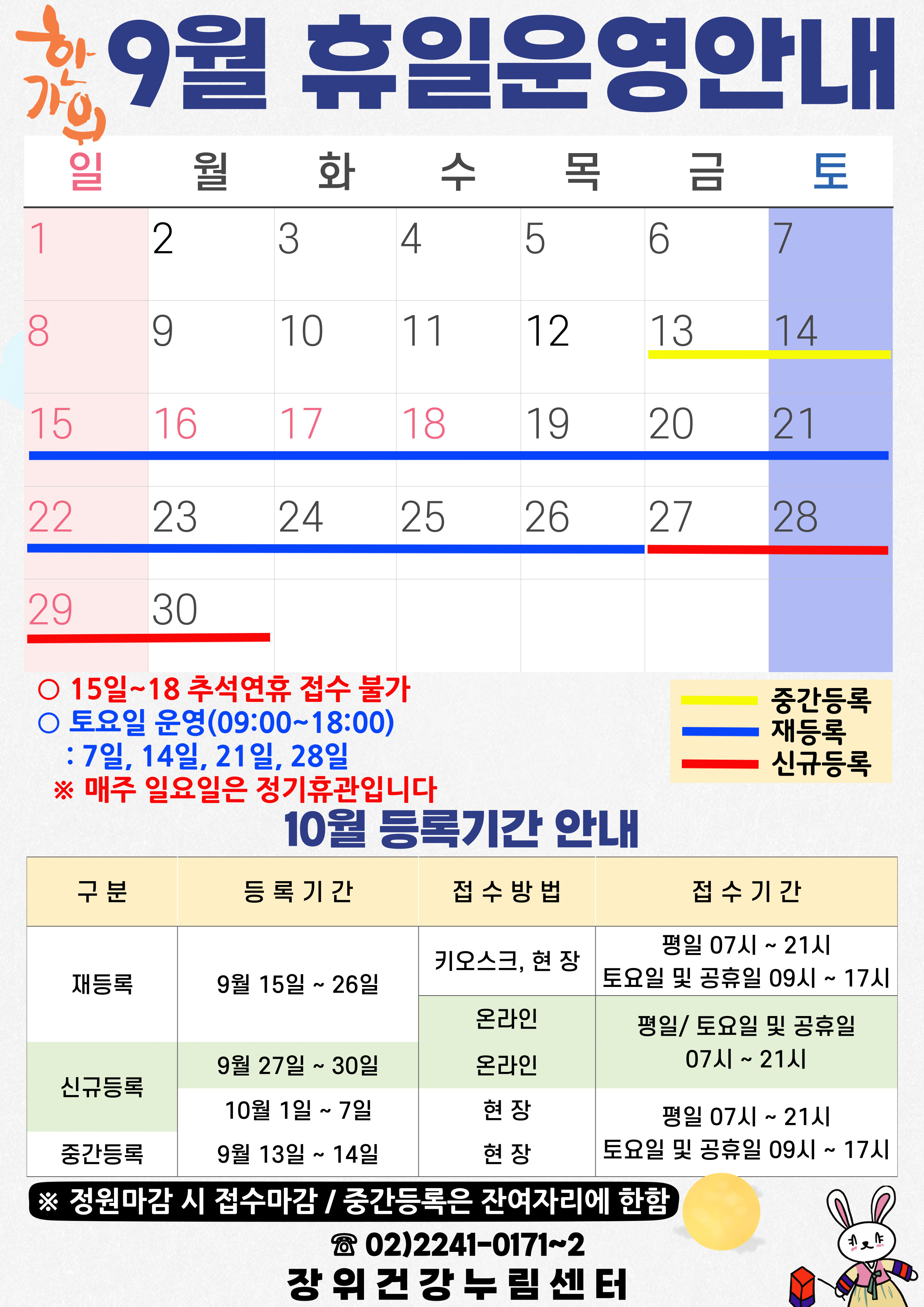  한가위 9월 휴일운영안내
 공휴일 : 없음 / 중간등록 : 13(금)~14일(토) / 재등록 : 15(일)~26일(목) / 신규등록 : 27(금)~31일(월) 
 15일~18 추석연휴 접수 불가
 토요일 운영(09:00~18:00): 7일, 14일, 21일, 28일 
*매주 일요일은 정기휴관입니다.

 
  10월 등록기간 안내
  구분 | 등록기간 | 접수방법 | 접수시간
  ·재등록 | 9월 15일 ~ 26일 | 키오스크, 현장 | 07시~21시/토요일·공휴일 09시~17시
  ·재등록 | 9월 15일 ~ 26일 | 온라인 | 평일·토요일·공휴일 07시~21시 
  ·신규등록 | 9월 27일 ~ 30일 | 온라인 | 평일·토요일·공휴일 07시~21시 
  ·신규등록 | 10월1일 ~ 7일 | 현장 | 평일 07시~21시/토요일·공휴일 09시~17시
  ·중간등록 | 9월13일 ~ 14일 | 현장 | 평일 07시~21시/토요일·공휴일 09시~17시
  ※정원 마감시 접수마감
  ※중간등록은 잔여자리에 한함
   02-2241-0171~2
  
  장위건강누림센터