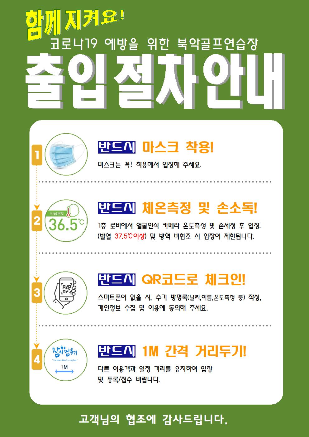 출입 절차 안내
함께지켜요! 코로나19 예방을 위한 북악골프연습장
출입 절차 안내
1. 반드시 마스크 착용! 마스크는 꼭! 착용해서 입장해 주세요.
2. 반드시 체온측정 및 손소독! 1층 로비에서 얼굴인식 카메라 온도측정 및 손세정 후 입장.(발열 37.5℃이상) 및 방역 비협조 시 입장이 제한됩니다.
3. 반드시 QR코드로 체크인! 스마트폰이 없을 시, 수기 방명록(날짜,이름,온도측정 등) 작성, 개인정보 수집 및 이용에 동의해 주세요.
4. 반드시 1M 간격 거리두기! 다른 이용객과 일정 거리를 유지하여 입장 및 등록/접수 바랍니다.
고객님의 협조에 감사드립니다.
