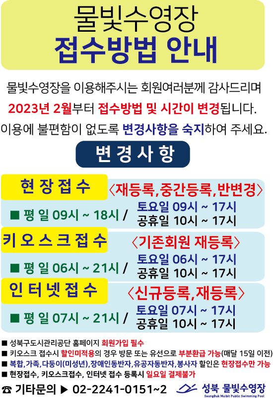 물빛수영장 접수방법 안내
물빛수영장을 이용해주시는 회원여러분께 감사드리며 2023년 2월부터 접수방법 및 시간이 변경됩니다. 이용에 불편함이 없도록 변경사항을 숙지하여 주세요. 
변경사항
-현장접수 <재등록,중간등록,반변경> 
■ 평 일 09시 ~ 18시 / 토요일 09시 ~ 17시, 공휴일 10시 ~ 17시

-키오스크 접수 <기존회원 재등록> 
■ 평일 06시~21시  / 토요일 06시 ~ 17시, 공휴일 10시 ~ 17시

-인터넷접수<신규등록,재등록〉
■ 평일 07시 ~ 21시 / 토요일 07시 ~ 17시 , 공휴일 10시 ~ 17시


■ 성북구도시관리공단 홈페이지 회원가입 필수
■ 키오스크 접수시 할인미적용의 경우 방문 또는 유선으로 부분환급 가능(매달 15일 이전)
■ 복합, 가족, 다둥이(미성년), 장애인동반자, 유공자동반자, 봉사자 할인은 현장접수만 가능
■ 현장접수, 키오스크접수, 인터넷 접수 등록시 일요일 결제불가

기타문의▶ 02-2241-0151~2
성북 물빛수영장
SeongBuk Mulbit Public Swimming Pool