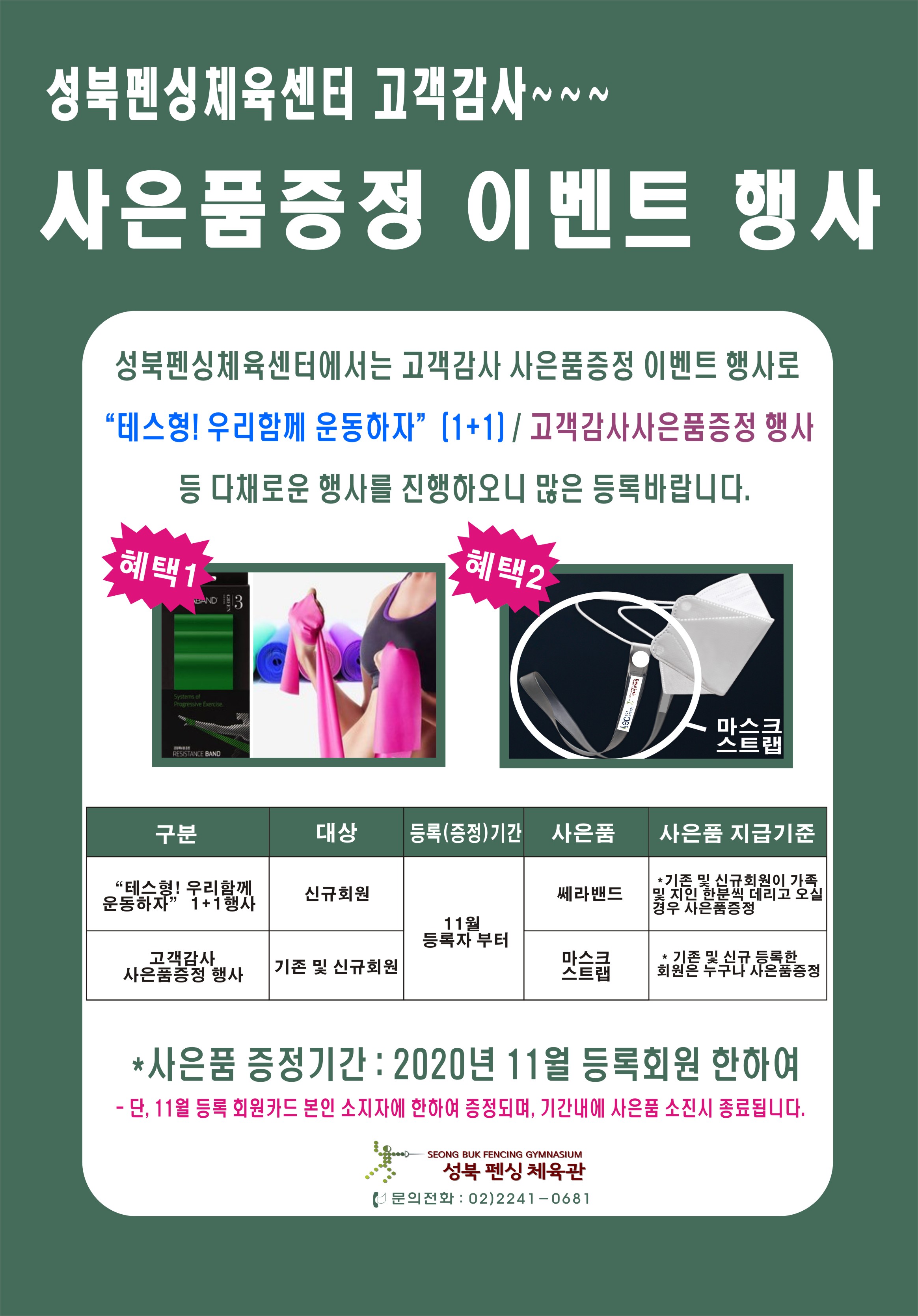 성북펜싱체육센터 고객감사~~~
사은품증정 이벤트 행사
성북펜싱체육센터에서는 고객감사 사은품증정 이벤트 행사로 '테스형!우리함께 운동하자' (1+1) 고객감사사은품증정 행사 등 다채로운 행사를 진행하오니 많은 등록바랍니다. 구분 대상 등록(증정)기간 사은품 사은품지급기준 테스형!우리함께 1+1행사 신규회원 11월등록자부터 쎄라밴드 기존 및 신규회원이 가족및 지인 한분씩 데리고 오실 경우 사은품증정 고객감사사은품증정행사 기존및신규회원 마스크스트랩 기존및신규등록한회원은누구나사은품증정 사은품증정기간:2020년11월등록회원한하여 단,11월등록회원카드 본인 소지자에 한하여 증정되며, 기간내에 소진시 종료됩니다. 성북펜싱체육관 문의전화:02)2241-0681