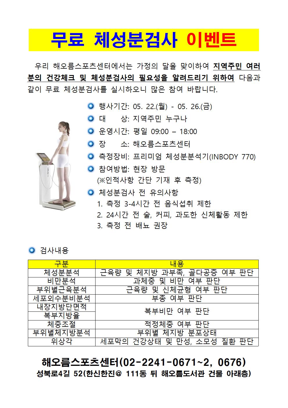  무료 체성분검사 이벤트
우리 해오름스포츠센터에서는 가정의 달을 맞이하여 지역주민 여러분의 건강체크 및 체성분검사의 필요성을 알려드리기 위하여 다음과 같이 무료 체성분검사를 실시하오니 많은 참여 바랍니다.
○ 행사기간: 05. 22.(월) - 05. 26.(금)
○ 대 상: 지역주민 누구나
○ 운영시간: 평일 09:00 - 18:00
○ 장소: 해오름스포츠센터
○ 측정장비: 프리미엄 체성분분석기(INBODY 770)
○ 참여방법: 현장 방문 (※인적사항 간단 기재 후 측정)
○ 체성분검사 전 유의사항
1. 측정 3-4시간 전 음식섭취 제한
2. 24시간 전 술, 커피, 과도한 신체활동 제한
3. 측정 전 배뇨 권장

● 검사내용
구분 | 내용
체성분분석  |  근육량 및 체지방 과부족, 골다공증 여부 판단
비만분석 | 과체중 및 비만 여부 판단
부위별근육분석 | 근육량 및 신체균형 여부 판단
세포외수분비분석 | 부종 여부 판단
내장지방단면적 | 복부비만 여부 판단
복부지방율 | 복부비만 여부 판단
체중조절 | 적정체중 여부 판단
부위별체지방분석 | 부위별 체지방 분포상태
위상각 | 세포막의 건강상태 및 만성, 소모성 질환 판단

해오름스포츠센터(02-2241-0671~2, 0676) 
성북로4길 52(한신한진@ 111동 뒤 해오름도서관 건물 아래층)