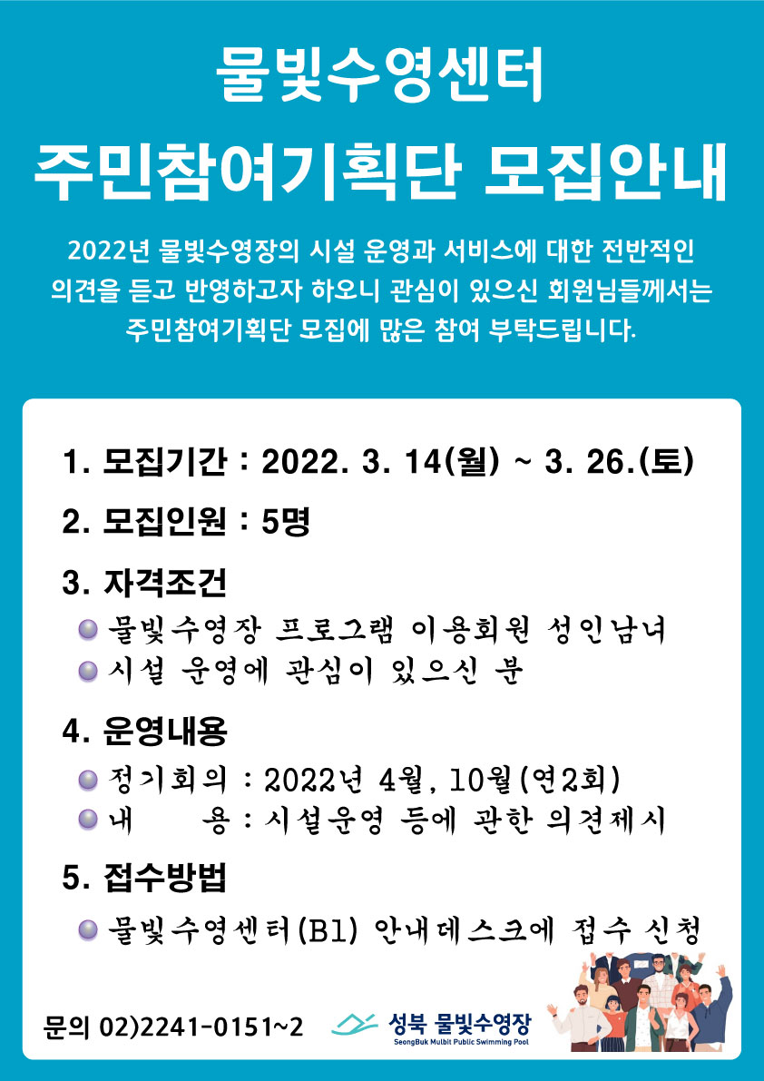 물빛수영센터 주민참여기획단 모집안내
2022년 물빛수영장의 시설 운영과 서비스에 대한 전반적인 의견을 듣고 반영하고자 하오니
관심이 있으신 회원님들께서는 주민참여 기획단 모집에 많은 참여 부탁드립니다.
1. 모집기간 : 2022년 3. 14.(월) ~ 3. 26.(토)
2. 모집인원 : 5명
3. 자격조건
- 물빛수영장 프로그램 이용회원 성 인남녀
- 시설 운영에 관심이 있으신 분
4. 운영내용
- 정기회의 : 2022년 4월, 10월(연 2회)
- 내 용 : 시설운영 등에 관한 의견제시
5. 접수방법
- 물빛수영센터(B1) 안내데스크에 접수 신청
문의 02)2241~0151~2 물빛수영장