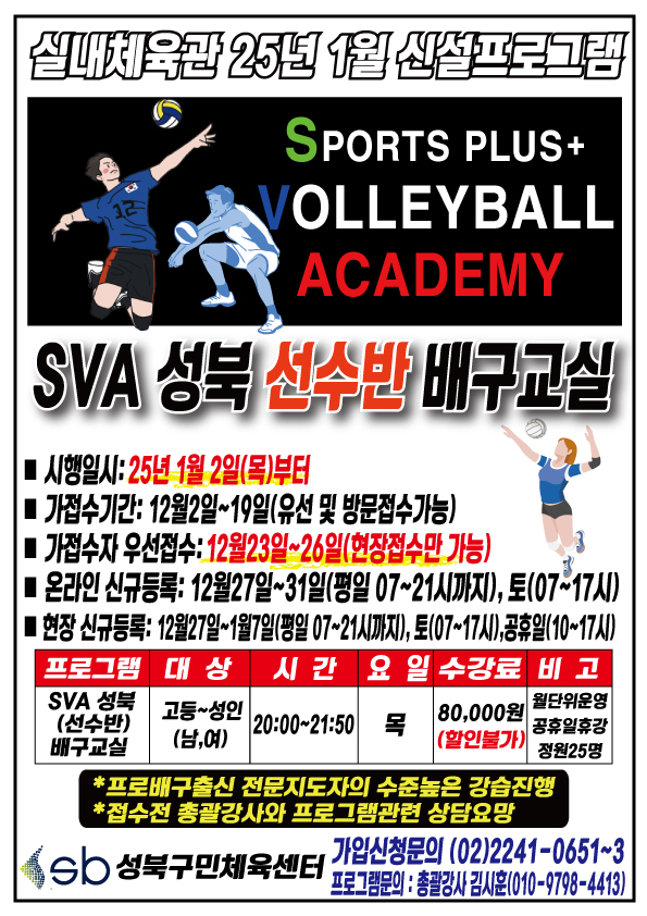 성북실내체육관 25년 1월 신설프로그램
SPORTS PLUS+ VOLLEYBALL ACADEMY
SVA 성북 선수반 배구교실 
■ 시행일시:25년 1월2일(목)부터
■ 가접수기간:12월2일~19일(유선 및 방문접수 가능)
■ 가졉수 우선졉수:12월23일~26일(힌장접수만 가능)
■ 온라인 신규듬록： 12월27일~31일(평일 07~21시),토(07~17시)
■ 현장신규등록： 12월27일-1뭘7일(평일07~21시까지), 토(07~17시), 공휴일(10-17시)
프로그램 | 대상 | 시간 | 요일 | 수강료 | 비고
SVA 성북 (선수반) 배구교실 | 성인(남,녀) | 20:00~21:50(2시간 50분) | 목 | 80,000원(할인불가) | 월단위운영, 공휴일휴강, 정원36명
*프로배구출신 전문지도자의 수준높은 강습진행
*접수전 총괄강사와 프로그램관련 상담요망

Sb성북구민체육센터 
가입신청문의 (02)2241-0651~3 
프로그램문의 : 총괄강사 김시후(010-9798-4413)