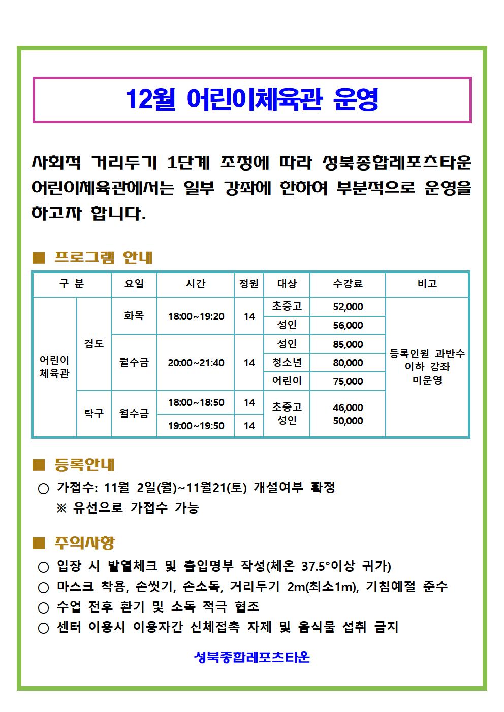 12월 어린이체육관(일부) 운영
사회적 거리두기 1단계 조정에 따라 성북종합레포츠타운 어린이체육관에서는
일부 강좌에 한하여 부분적으로 운영을 하고자 합니다.
프로그램 안내
- 검도 : 화, 목 18:00 ~ 19:20,  대상 : 초중고 52000 , 성 인 56000
월, 수, 금 20:00 ~ 21:40,  대상 : 성 인 85000, 청소년 80000, 어린이 75000
- 탁구 : 월, 수, 금 18:00 ~ 18:50, 19:00 ~19:50,  대상 : 초중고 46000 , 성 인 50000
등록안내
- 가접수 : 11월 2일(월) ~ 21일(토), 개설여부 확정 
유선으로 가접수 가능
주의사항
- 입장 시 발열체크 및 출입명부 작성(체온 37.5˚ 이상 귀가)​​
- 마스크 착용, 손씻기, 손소독, 거리두기 2m(최소 1m), 기침예절 준수
- 수업 전, 후 환기 및 소독 적극 협조
- 센터 이용 시 이용자간 신체접촉 자제 및 음식물 섭취 금지​
성북종합레포츠타운