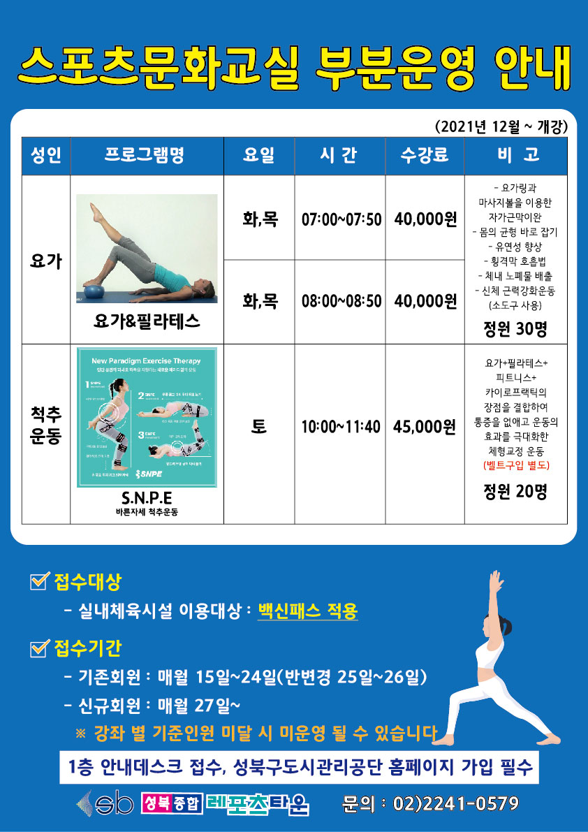 스포츠문화교실 부분운영 안내
(2021년 12월 ~ 개강)
성 인 / 프로그램명 / 요일 / 시간 / 수강료 / 비고
○ 요가 / 요가+필라테스 / 화,목 / 07:00~07:50,08:00~08:50 / 40,000원
- 요가링과 마사지볼을 이용한 / 자가근막이완 - 몸의 균형 바로 잡기
- 유연성 향상 - 횡격막 호흡법 - 체내 노폐물 배출 - 신체 근력강화운동(소도구 사용)
정원 30명
○ 척추운동 / S.N.P.E 바른자세 척추운동 / 토 / 10:00~11:40 / 45,000원
- 요가+필라테스+피트니스+ 카이로프랙틱의 장점을 결합하여 통증을 없애고 운동의 효과를 극대화한 체형교정 운동 (벨트구입 별도)
정원 20명
접수대상
- 실내체육시설 이용대상 : 백신패스 적용
접수기간
- 기존회원 : 매월 15일~24일(반변경 25일~26일)
- 신규회원 : 매월 27일~
※ 강좌 별 기준인원 미달 시 미운영 될 수 있습니다.
1층 안내데스크 접수, 성북구도시관리공단 홈페이지 가입 필수
성북종합레포츠타운 문의 : 02)2241-0579