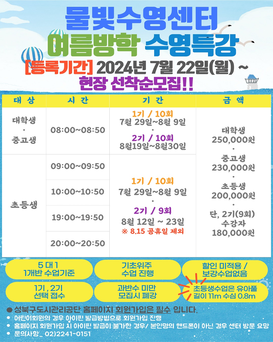 물빛수영센터 
  여름방학 수영특강
  [등로기간]2024년 7월22일(월)~
  현장 선착순 모집
  대상: 대학생, 중고생 - (시간)08:00~08:50 / 기간: 1기-10회 7월29일~8월9일, 2기(10회) 8월 19일 ~8월30일 
  대상: 초등생 - (시간) 09:00~09:50 , 10:00~10:50, 19:00~19:50, 20:00~20:50 / 기간: 1기(10회) 7월29일~8월9일, 2기(9회)8월12일~23일*8.15 공휴일제외*
  
  금액 : 대학생 250,000원 / 중고생 230,000원 / 초등생 200,000원 / *단 2기(9회)수강자 180,000원

  ·5대1 1개반 수업기준 ·기초위주 수업 진행 ·할인 미적용/보강수업없음 ·1기,2기 선택접수 ·과반수 미만 모집시 폐강 ·초등생수업은 유아풀 길이11m 수심0.8m

  *성북구도시관리공단 홈페이지 회원가입은 필수입니다. 
  ·어린이회원의 경우 아이핀 발급방법으로 회원가입 진행
  ·홈피에지 회원가입시 아이핀 발급이 불가한 경우/ 본인명의 핸드폰이 아닌경우 센터 방문 요망
  ·문의사항 02-2241-0151