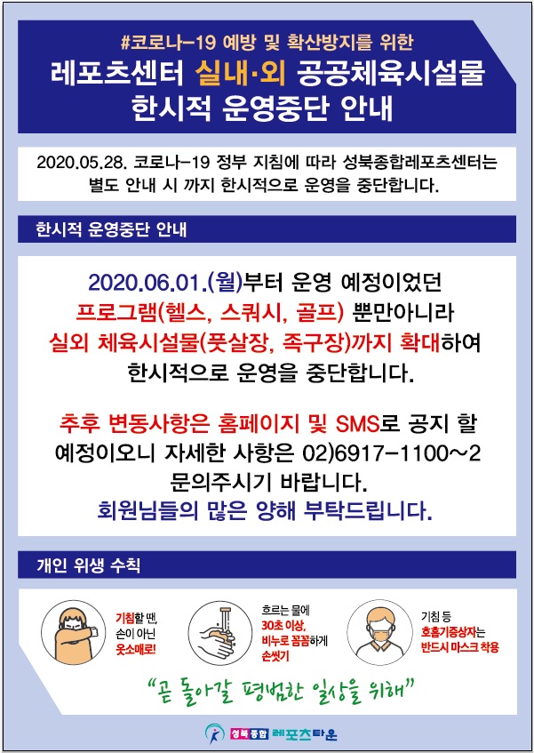 #코로나-19 예방 및 확산방지를 위한
레포츠센터 실내.외 공공체육시설물 한시적 운영중단 안내
2020.05.28. 코로나-19 정부 지침에 따라 성북종합레포츠센터는 별도 안내 시 까지 한시적으로 운영을 중단합니다.
한시적운영중단안내
2020.06.01.(월)부터 운영 예정이었던 프로그램(헬스, 골프, 스쿼시) 뿐만아니라
실외 체육시설(풋살장, 족구장)까지 확대하여 한시적으로 운영을 중단합니다.
추후 변동사항은 홈페이지 및 SMS로 공지할 예정이오니 자세한 사항은02)6917-1100~2
문의주시기 바랍니다.
회원님들의 많은 양해 부탁드립니다.
개인위생수칙
기침할땐 손이아닌 옷소매로!
흐르는 물에 30초이상, 비누로 꼼꼼하게 손씻기
기침등 호흡기증상자는 반드시 마스크 착용
'곧 돌아갈 평범한 일상을 위해' 성북종합레포츠타운