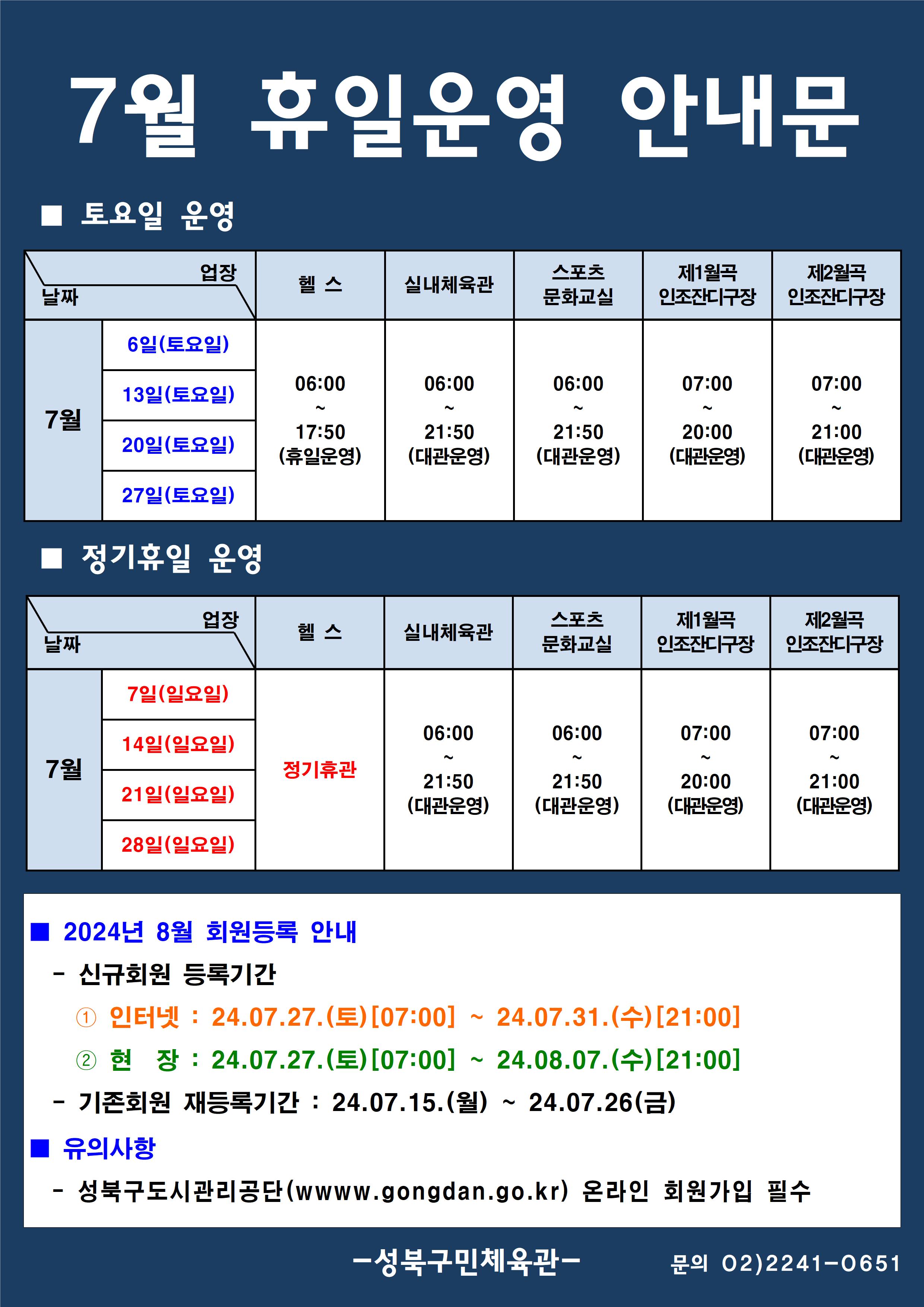 7월 휴일운영 안내문
■ 토요일 운영
날짜:7월 6일(토요일), 13일(토요일), 20일(토요일), 27일(토요일)
업장:  
헬스 | 06:00 ~ 17:50 (휴일운영) 
실내체육관 | 06:00~21:50 (대관운영)
스포츠 문화교실 | 06:00~ 21:50 (대관운영)
제1월곡 인조잔디구장 |  07:00 ~ 20:00 (대관운영)
제2월곡 인조잔디구장 |  07:00 ~ 21:00 (대관운영)

■ 정기휴일 및 공휴일 운영
날짜:7월 7일(일요일), 14일(일요일), 21일(일요일), 28일(일요일)
업장
헬스 : 정기휴관(일요일)
실내체육관 : 06:00~21:50 (대관운영) 
스포츠문화교실 : 06:00~ 21:50 (대관운영) 
제1월곡인조잔디구장 : 휴장 [오동근린공원 정비사업]
제2월곡인조잔디구장 : 07:00~21:00 (대관운영) 


■ 2024년 8월 회원등록 안내
-신규회원 등록기간
1 인터넷: 2024.07.27(토)[07:00] ~ 24.07.31.(수)[21:00]
2 현장 : 2024.07.27(토)[07:00] ~ 24.08.07.(수) [21:00]
-기존회원 재등록기간 : 2024.07.15.(월) ~ 24.07.26(금)

■ 유의사항
-성북구도시관리공단(www.gogndan.go.kr) 온라인 회원가입 필수
-성북구민체육관 -
(02-2241-0651)
