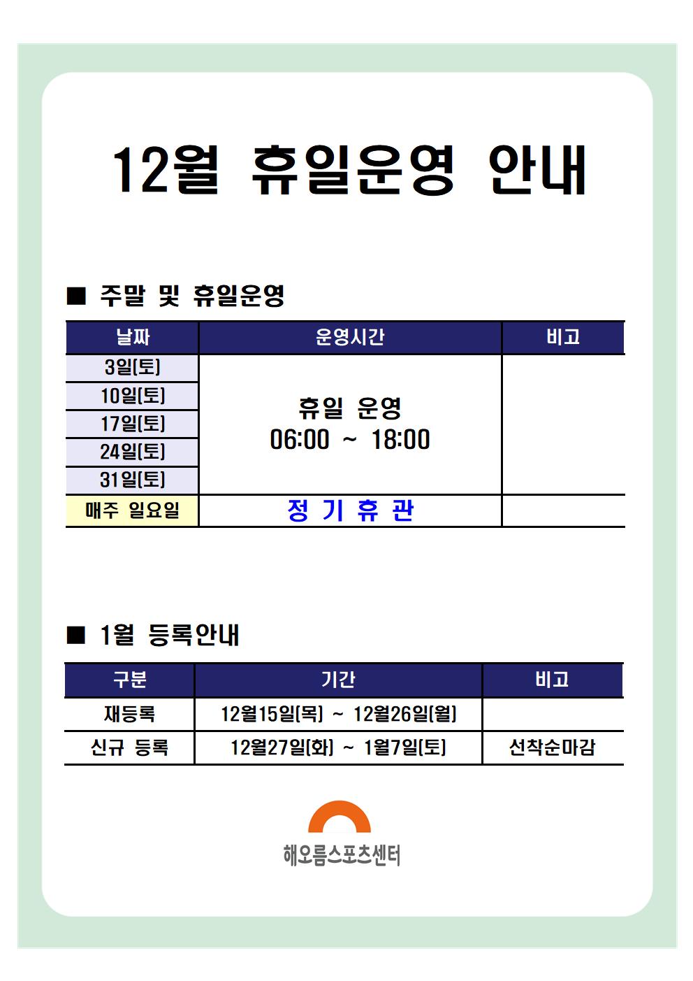 12월 휴일운영 안내
주말 및 휴일운영
날짜 | 운영시간 | 비고
3일[토],10일[토],17일[토],24일[토],31일 [토] | 휴일 운영 06:00 - 18:00
매주 일요일 | 정기휴관

1월 등록안내
구분 | 기간 | 비고
재등록 | 12월15일[목] ~ 12월26일[월]
신규 등록 | 12월27일[화] ~ 1월7일[토] | 선착순마감

해오름스포츠센터

