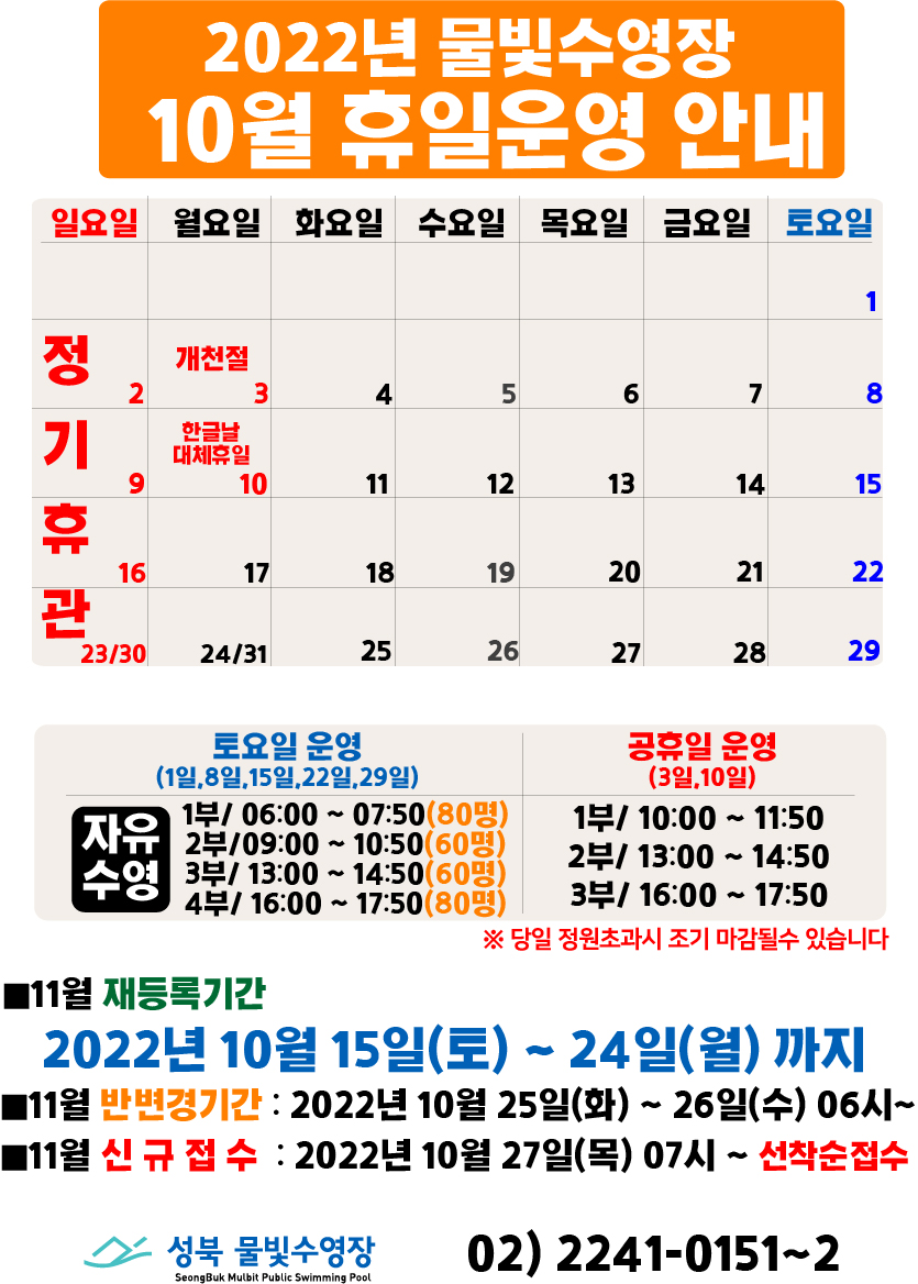  2022년 물빛수영장 10월 휴일 운영안내
10월 2일(일요일),9일(일요일),16일(일요일),23일(일요일),30일(일요일) | 정기휴관
10월 3일(개천절),10일(한글날대체휴일) | 공휴일

토요일 운영(1일,8일,15일,22일,29일)
자유수영/ 1부 06:00 ~ 07:50(80명)
 , 2부 09:00 ~ 10:50(60명)
 , 3부 13:00 ~ 14:50(60명)
 , 4부 16:00 ~ 17:50(80명)
 ※당일 정원초과시 조기 마감될수 있습니다

 공휴일 운영(3일,10일)
자유수영/ 1부 10:00 ~ 11:50
 , 2부 13:00 ~ 14:50
 , 2부 16:00 ~ 17:50

■11월 재등록기간
2022년 10월 15일(토) ~ 24일(월)까지
■11월 반변경기간 : 2022년 10월 25일(화) ~ 26일(수) 06시~
■11월 신규접수 : 2022년 10월 27일(목) 07시~ 선착순접수

성북물빛수영장 02) 2241-0151~2
