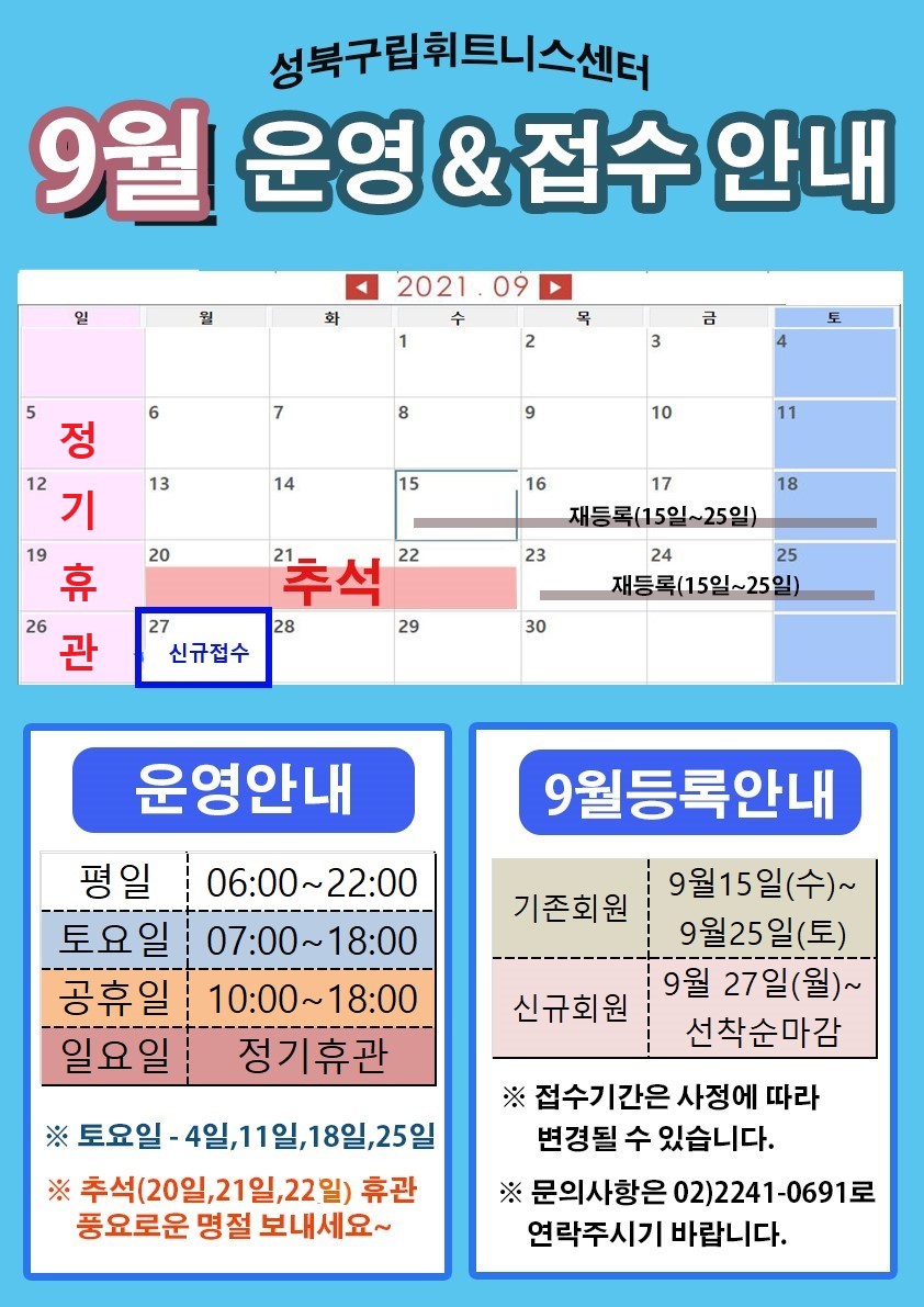 성북구립휘트니스센터
9월 운영 & 접수안내
2021.9
5일(일), 12일(일), 19일(일), 26일(일) 정기휴관
20일(월)~22일(수) 추석
재등록 (15일~25일)
신규접수 27일(월) 

운영안내
평일 | 06:00~22:00 
토요일 | 07:00~18:00 
공휴일 | 10:00~18:00 
일요일 | 정기휴관
※ 토요일 - 4일,11일,18일,25일
※ 추석(20일,21일,22일) 휴관 풍요로운 명절 보내세요~

9월등록안내
기존회원| 9월15일(수)~ 9월25일(토)
신규회원| 9월 27일(월)~  선착순마감 
※ 접수기간은 사정에 따라 변경될 수 있습니다. 
※ 문의사항은 02)2241-0691로 연락주시기 바랍니다.
