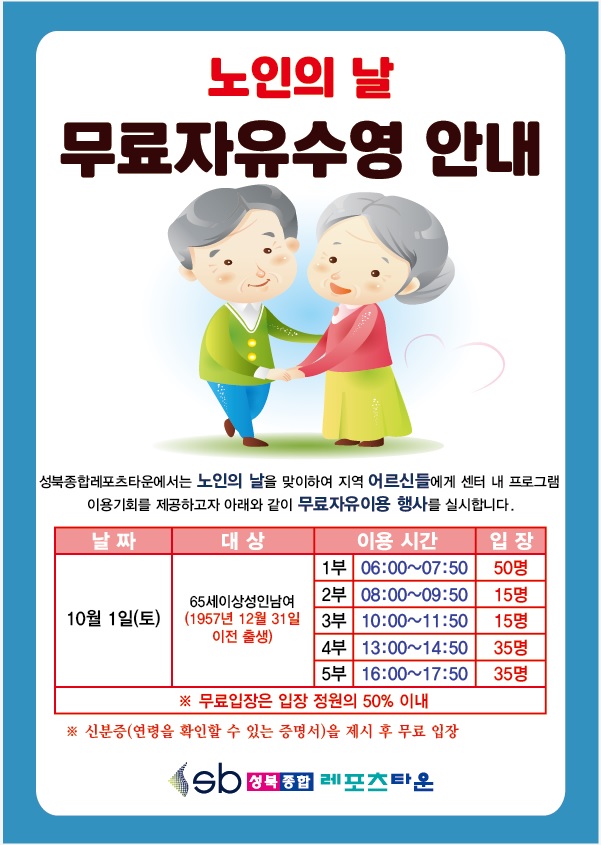 노인의 날
무료자유수영 안내
성북종합레포츠타운에서는 노인의 날을 맞이하여 지역 어르신들에게 센터 내 프로그램
이용기회를 제공하고자 아래와 같이 무료자유이용 행사를 실시합니다.

날짜 | 대상 | 이용 시간 | 입장
10월 1일(토) | 65세이상성 인남여(1957년 12월 31일 이전 출생) |
1부 06:00~07:50/50명
2부 08:00~09:50/15명
3부 10:00~11:50/15명
4부 13:00~14:50/35명
5부 16:00~17:50/35명

※ 무료입장은 입장 정원의 50% 이내
※ 신분증(연령을 확인할 수 있는 증명서)을 제시 후 무료 입장

성북종합레포츠타운