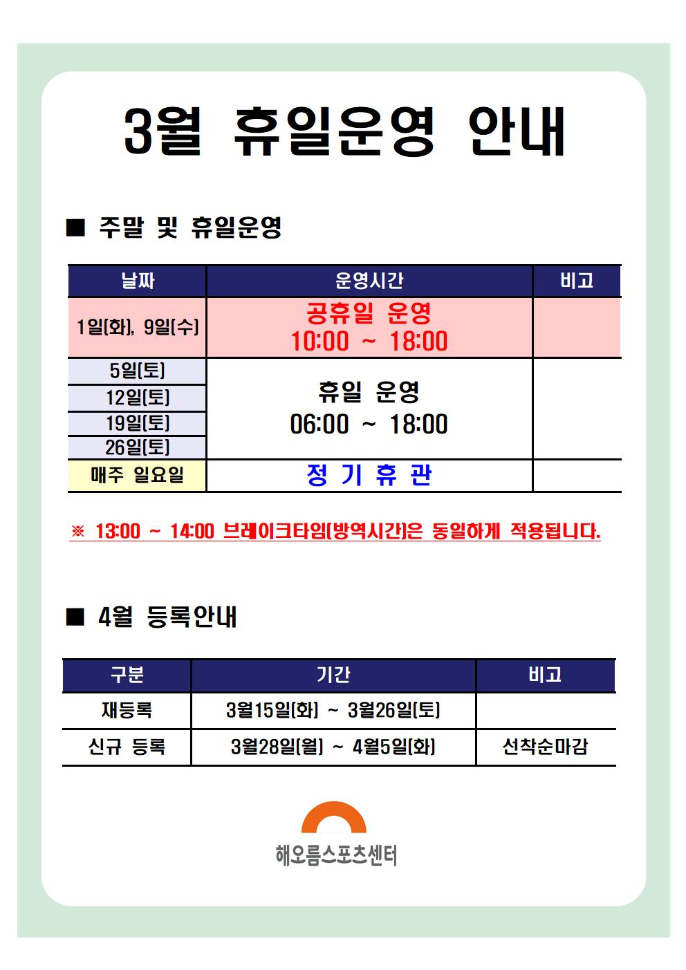 3월 휴일운영안내 

주말 및 휴일운영
날짜|운영시간|비고
3월  1(화),9(수) 10:00~18:00 ​공휴일운영
5일(토), 12일(토), 19일(토), 26일(토)  | 휴일 운영 06:00 ~ 18:00
매주 일요일 | 정기휴관
※ 13:00 ~ 14:00 브레이크타임(방역시간)은 동일하게 적용됩니다.

4월 등록안내
구분|기간|비고
재등록 | 3월15일(화) ~ 3월26일(토) | 
신규등록 | 3월28일(월) ~ 4월5일(토) | 선착순마감

해오름스포츠센터