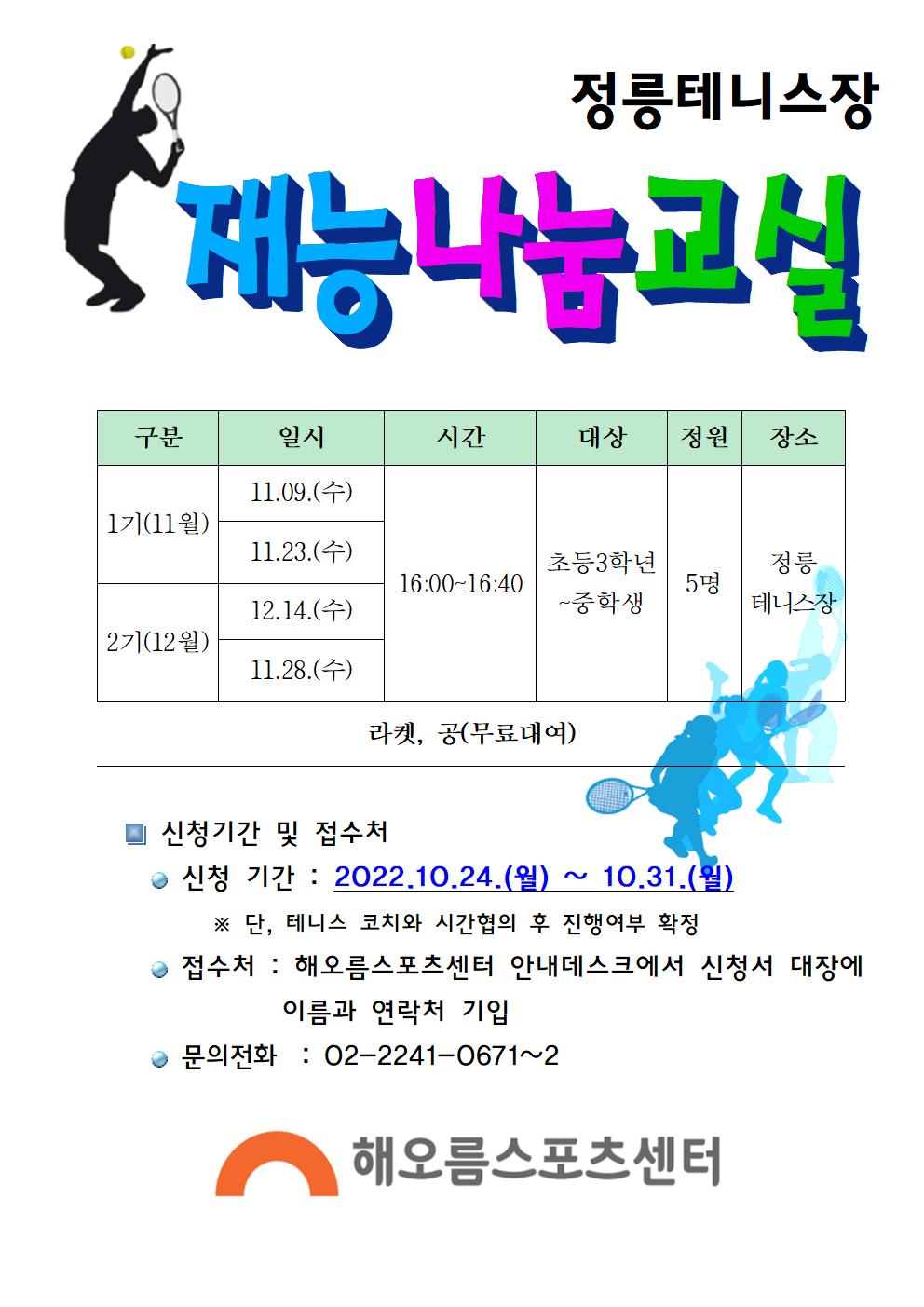 정릉테니스장 재능나눔교실

구분 | 일시 | 시간 | 대상 | 정원 | 장소
1기(11월) 11.09.(수),11.23.(수) | 16:00-16:40 | 초등3학년~중학생 | 5명 | 정릉테니스장
2기(12월) 12.14.(수),11.28.(수) | 16:00-16:40 | 초등3학년~중학생 | 5명 | 정릉테니스장
라켓, 공(무료대여)

신청기간 및 접수처
신청 기간 : 2022.10.24.(월) ~10.31.(월)
※단, 테니스 코치와 시간협의 후 진행여부 확정
접수처 : 해오름스포츠센터 안내데스크에서 신청서 대장에 이름과 연락처 기입

• 문의전화 : 02-2241-0671~2
해오름스포츠센터
