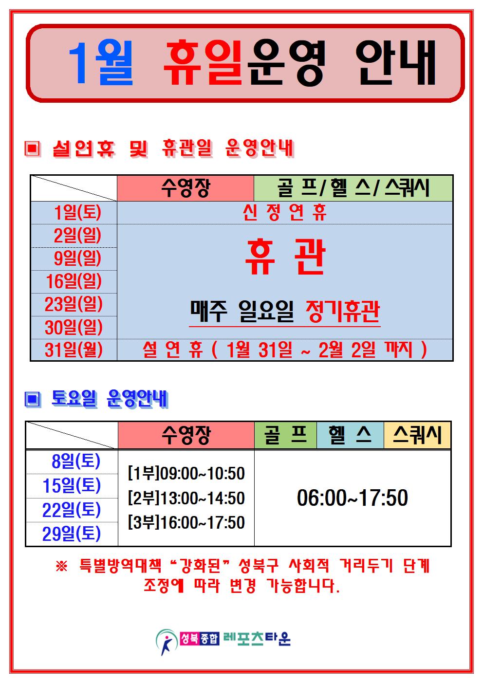 ○1월 휴일운영 안내
설연휴 및 휴관일 운영안내
수영장,골프/헬스/스쿼시
1일(토) | 신정연휴,
2일(일),9일(일),16일(일),23일(일),30일(일) | 휴관 매주 일요일 정기휴관,
31일(월) | 설연휴(1월31일 ~2월2일 까지)
○ 토요일 운영안내
수영장
8일(토) / 15일(토) / 22(토) / 29일(토)
1부(09:00~10:50) 2부(13:00~14:50) 3부(16:00~17:50)
헬스 / 골프 / 스쿼시 8일(토) / 15일(토) / 22(토) / 29일(토) 06:00 ~ 17:50
※특별방역대책 '강화된' 성북구 사회적 거리두기 단계조정에 따라 변경 가능합니다.
성북종합레포츠타운
