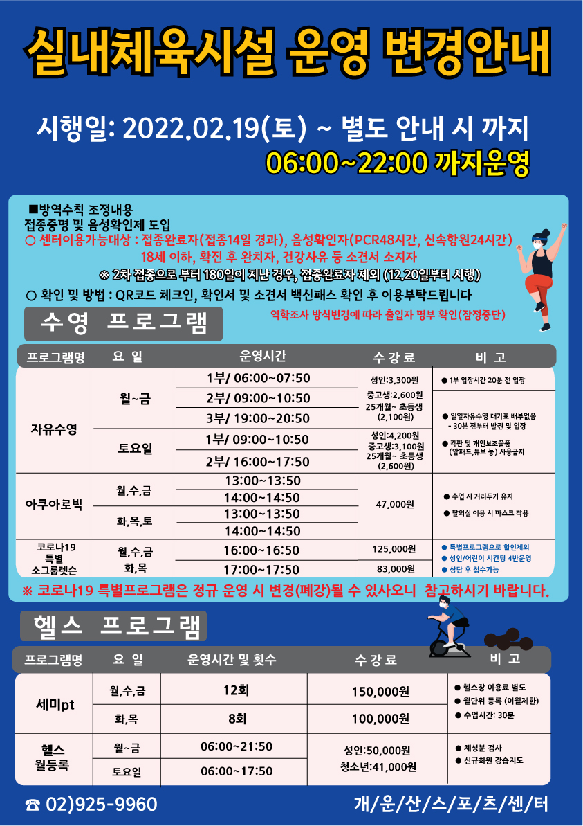 실내체육시설 운영 변경안내

시행일: 2022.02.19(토) ~ 별도 안내 시 까지
06:00~22:00 까지 단축운영 

방역수칙 조정내용 
접종증명 및 음성확인제 도입
○센터이용가능대상 : 접종완료자(접종14일 경과), PCR검사음성자 (48시간 마다 제출)
18세 이하, 확진 후 완치자, 건강사유 등 소견서 소지자
※2차접종으로 부터 180일이 지난경우, 접종완료자체의 (12.20일부터 시행) 
○ 확인 및 방법 : QR코드 체크인, 음성확인 문자제출, 확인서 및 소견서 백신패스 확인 후 이용부탁드립니다 
※ 역학조사 방식변경에 따라 출입장 명부 확인(잠정중단) 

수영 프로그램
프로그램명 | 요일 | 운영시간 | 수강료 | 비고
자유수영 | 월~금 | 1부/06:00~07:50,2부/09:00~10:50,3부/19:00~20:50 | 성 인3,300원,중고생 2,600원,25개월~초등생(2,100원) | 1부입장시간 20분전 입장, 일일자유수영 대기표배부없음 - 30분전부터 발권 및 입장, 킥판 및 개인보조물품(암패드,튜브 등)사용금지
자유수영 | 토요일 | 1부/09:00~10:50,2부/16:00~17:50 | 성 인4,200원,중고생 3,100원,25개월~초등생(2,600원) | 일일자유수영 대기표배부없음 - 30분전부터 발권 및 입장, 킥판 및 개인보조물품(암패드,튜브 등)사용금지
아쿠아로빅 | 월,수,금 / 화,목,토 | 13:00~13:50,14:00~14:50 | 47,000원 | 수업시 거리두기 유지, 탈의실 이용시 마스크 착용
코로나19 특별 소그룹렛슨 | 월,수,금 | 16:00~16:50 | 125,000원 | 특별프로그램으로 할인제외, 성 인/어린이 시간당 4반 운영, 상담 후 접수 가능
코로나19 특별 소그룹렛슨 | 화,목 | 17:00~17:50 | 83,000원 | 특별프로그램으로 할인제외, 성 인/어린이 시간당 4반 운영, 상담 후 접수 가능
※ 코로나19 특별프로그램은 정규 운영시 변경(폐강)될 수 있사오니 참고하시기 바랍니다.

헬스프로그램
프로그램명 |요일|운영시간 및 횟수|수강료|비고
세미pt | 월,수,금 | 12회 | 150,000원 | 헬스장 이용료 별도 ,월단위 등록 (이월제한), 수업시간: 30분
세미pt | 화,목 | 8회 | 100,000원 | 헬스장 이용료 별도 ,월단위 등록 (이월제한), 수업시간: 30분
헬스월등록 | 월~금 | 06:00 ~ 21:50 | 성 인:50,000원, 청소년41,000원 | 체성분검사, 신규회원 강습지도
헬스월등록 | 토요일 | 06:00 ~ 17:50 | 성 인:50,000원, 청소년41,000원 | 체성분검사, 신규회원 강습지도
02)925-9960
개/운/산/스/포/츠/센/터