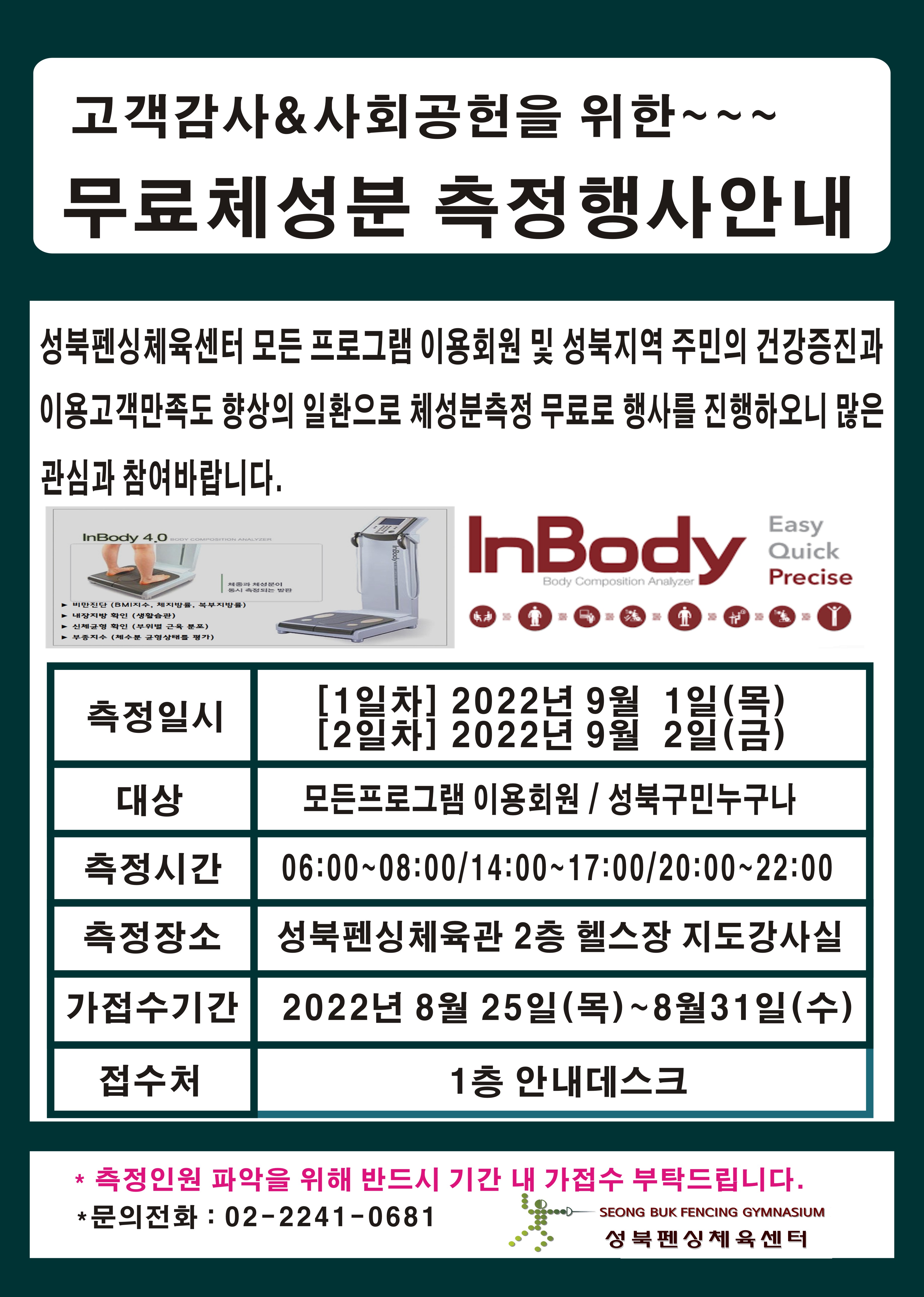 고객감사&사회공헌을 위한~~~
무료체성분 측정행사안내

성북펜싱체육센터 모든 프로그램 이용회원 및 성북지역 주민의 건강증진과 이용고객만족도 향상의 일환으로 체성분측정 무료로 행사를 진행하오니 많은
관심과 참여바랍니다.

측정일시 : [1일차] 2022년 9월 1일(목) [2일차] 2022년 9월 2일(금)
대상 : 모든프로그램 이용회원/성북구민누구나
측정시간 : 06:00-08:00/14:00~17:00/20:00~22:00
측정장소 : 성북펜싱체육관 2층 헬스장 지도강사실
가접수기간 : 2022년 8월 25일(목)~8월31일(수)
접수처 : 1층 안내데스크
 
*측정인원 파악을 위해 반드시 기간 내 가접수 부탁드립니다.
*문의전화:02-2241-0681

성북펜싱체육센터